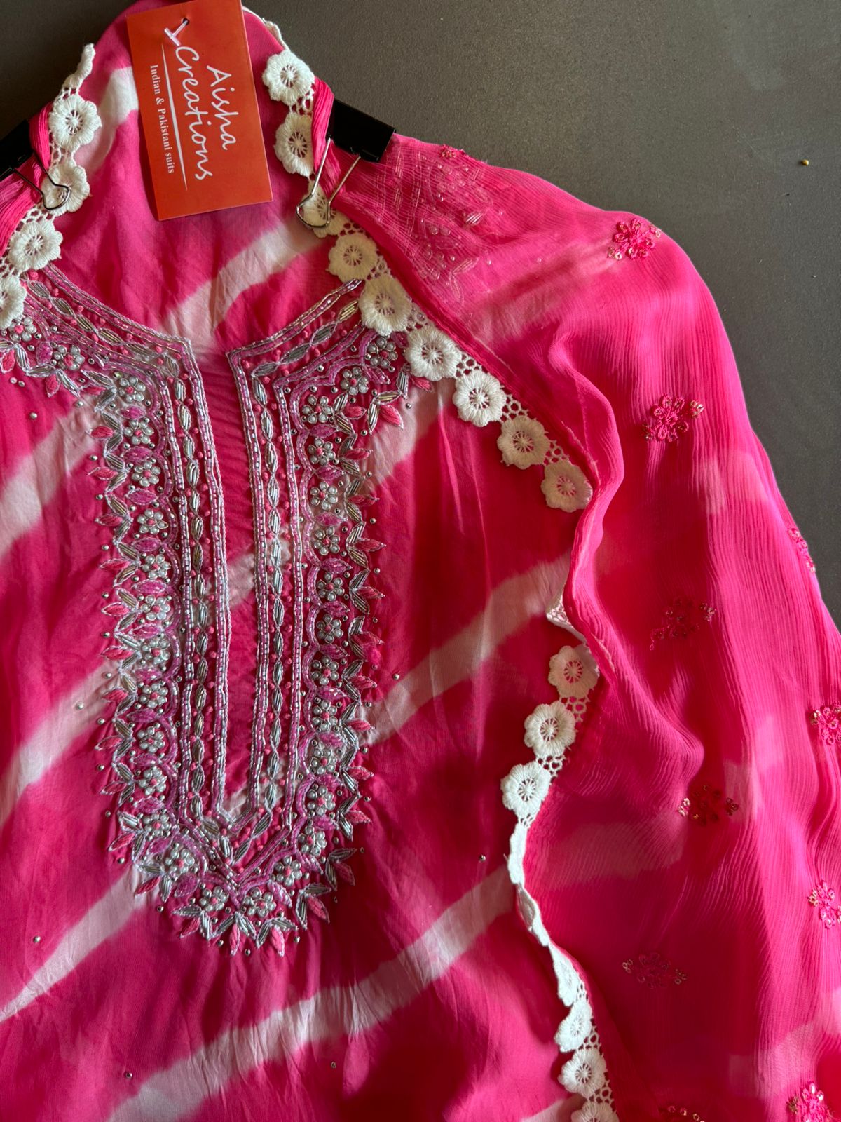 Soft organza Lehriya Printed shirt (Unstitched)With beautiful Neckwork done with Moti and pearl work