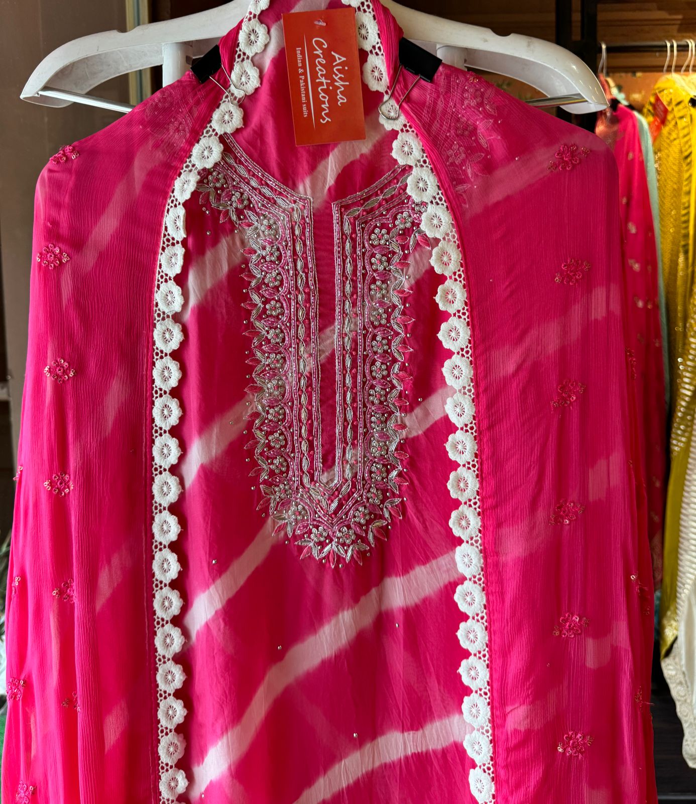 Soft organza Lehriya Printed shirt (Unstitched)With beautiful Neckwork done with Moti and pearl work