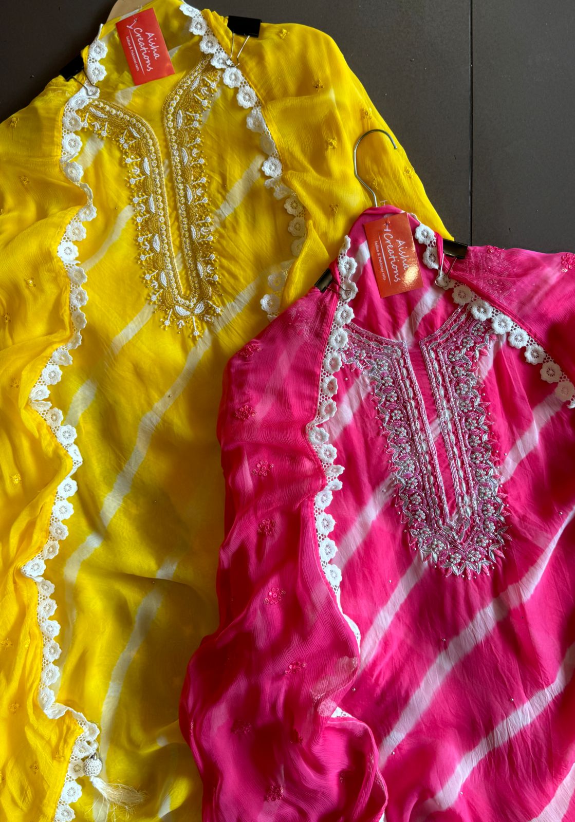 Soft organza Lehriya Printed shirt (Unstitched)With beautiful Neckwork done with Moti and pearl work