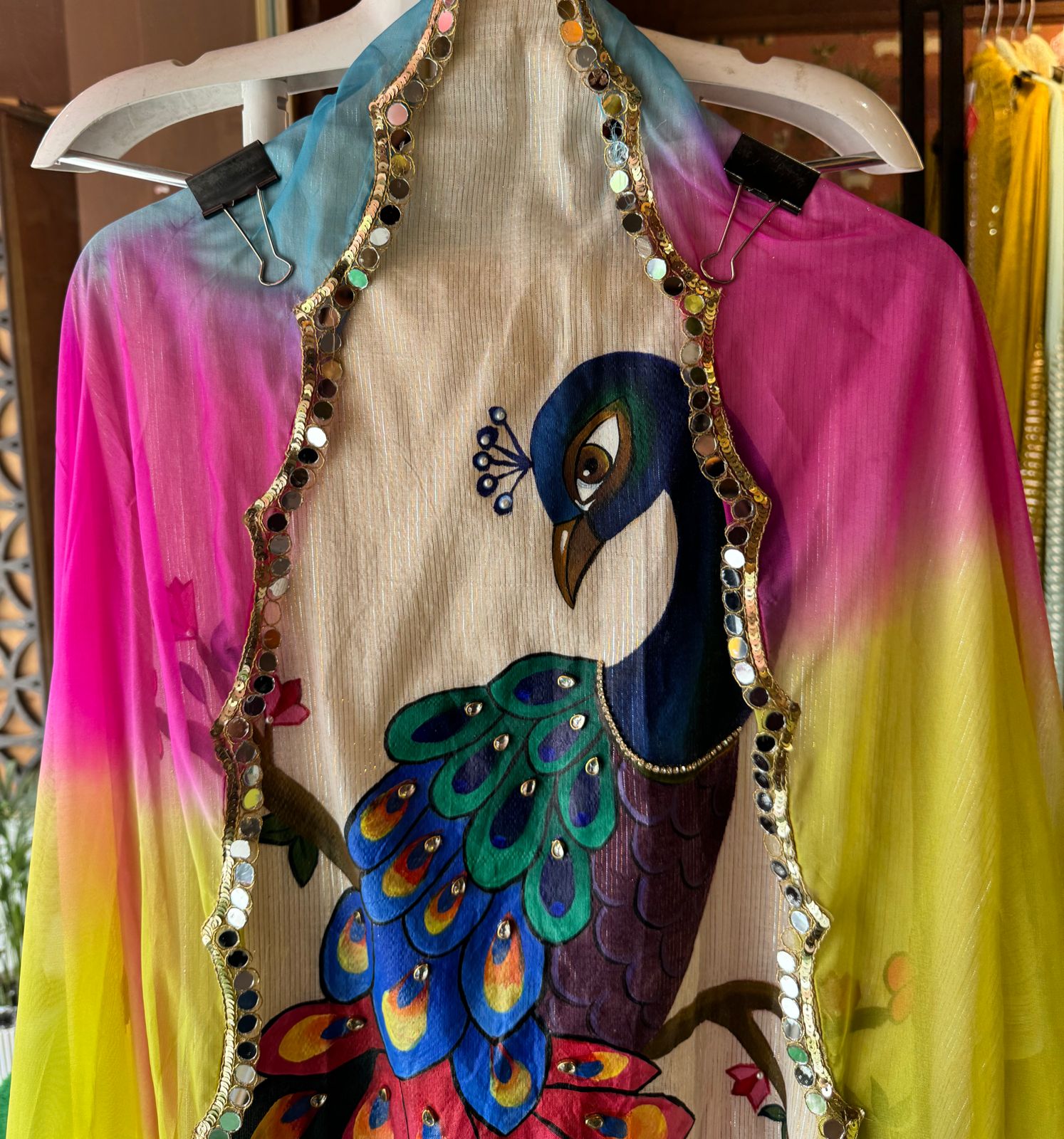 Cotton lurex Unstitched Shirt With Beautiful Handpainted mor design with all handwork detailings on the front