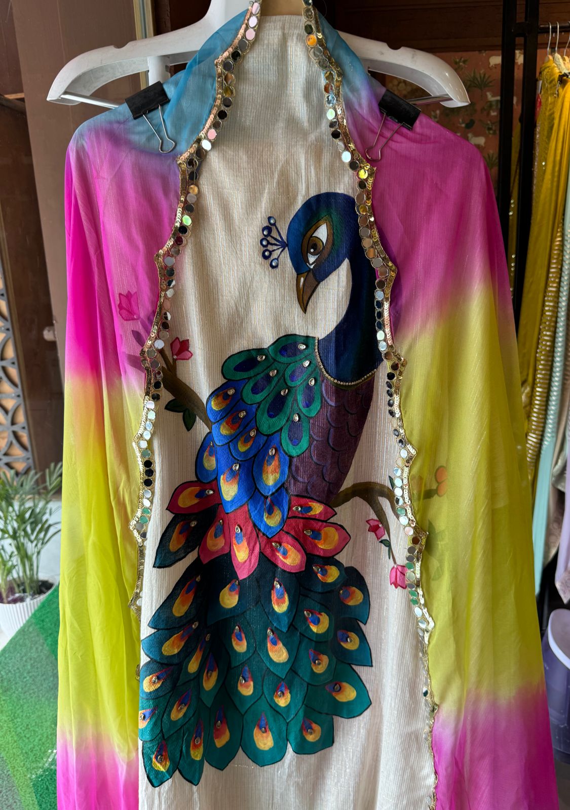 Cotton lurex Unstitched Shirt With Beautiful Handpainted mor design with all handwork detailings on the front