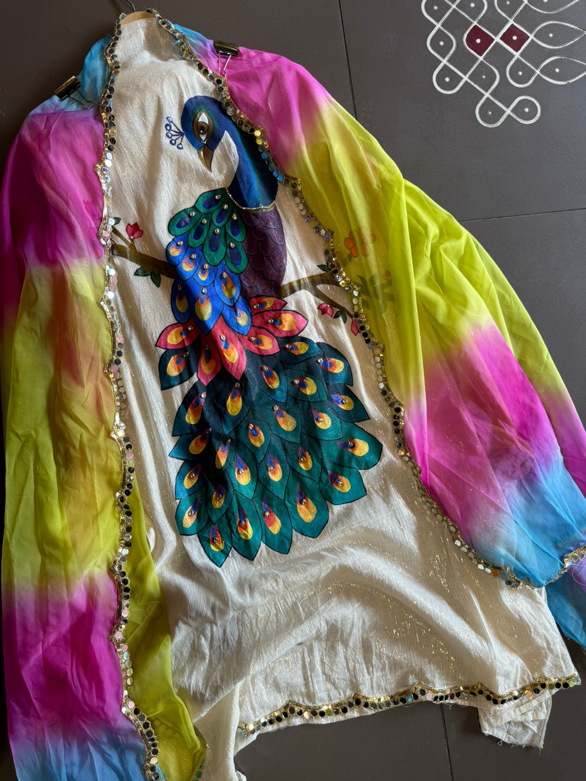 Cotton lurex Unstitched Shirt With Beautiful Handpainted mor design with all handwork detailings on the front