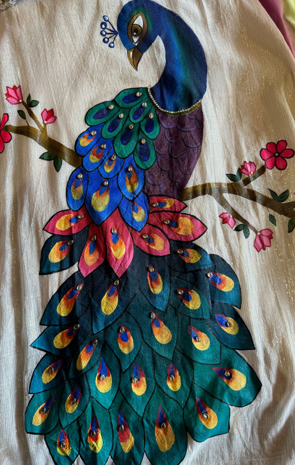 Cotton lurex Unstitched Shirt With Beautiful Handpainted mor design with all handwork detailings on the front
