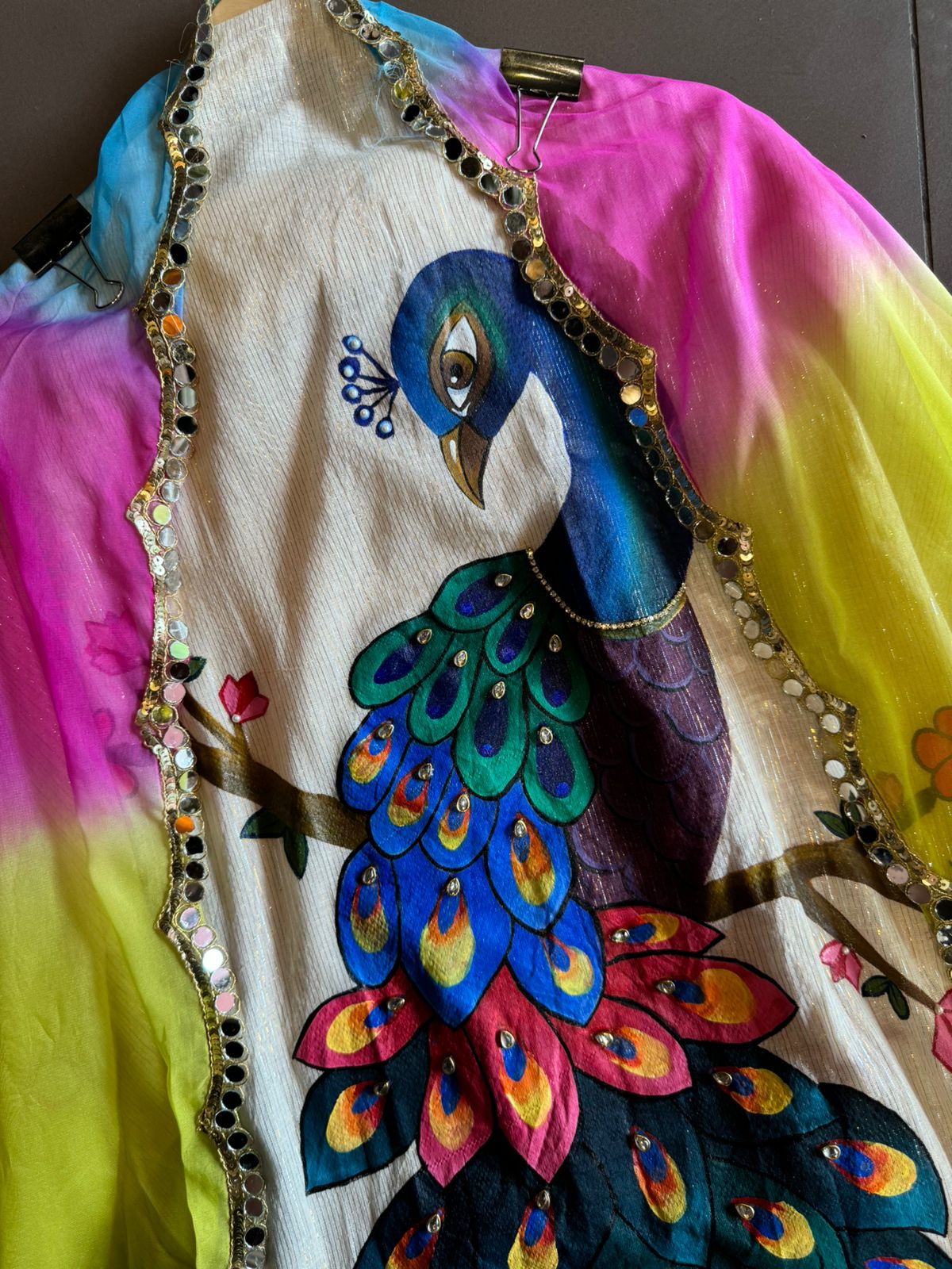 Cotton lurex Unstitched Shirt With Beautiful Handpainted mor design with all handwork detailings on the front