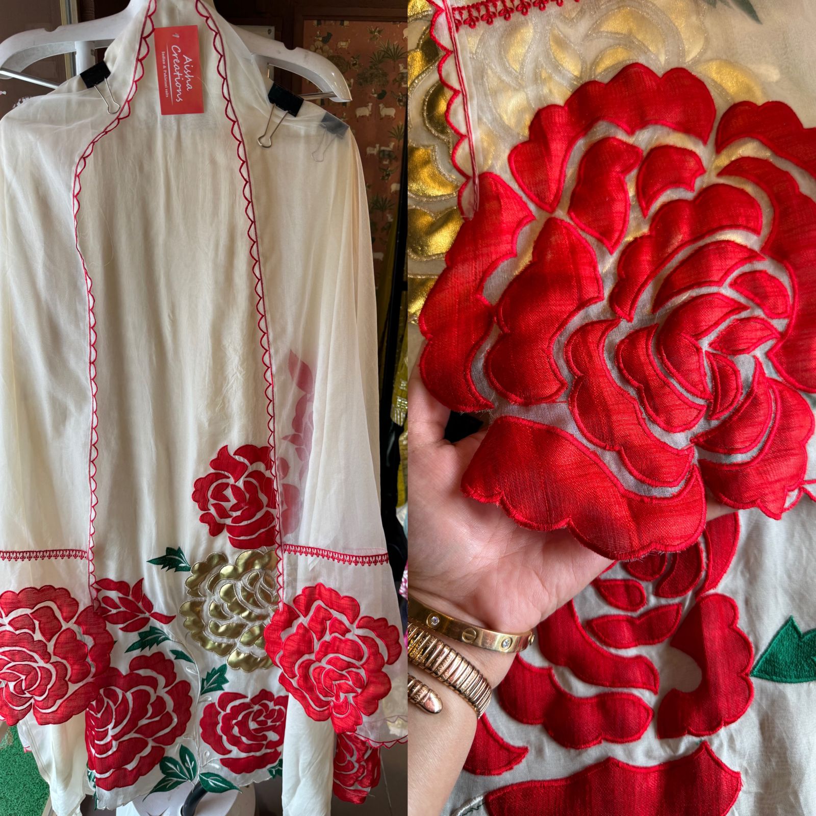 Soft organza Unstitched Shirt with Floral Patchwork done on the shirt front