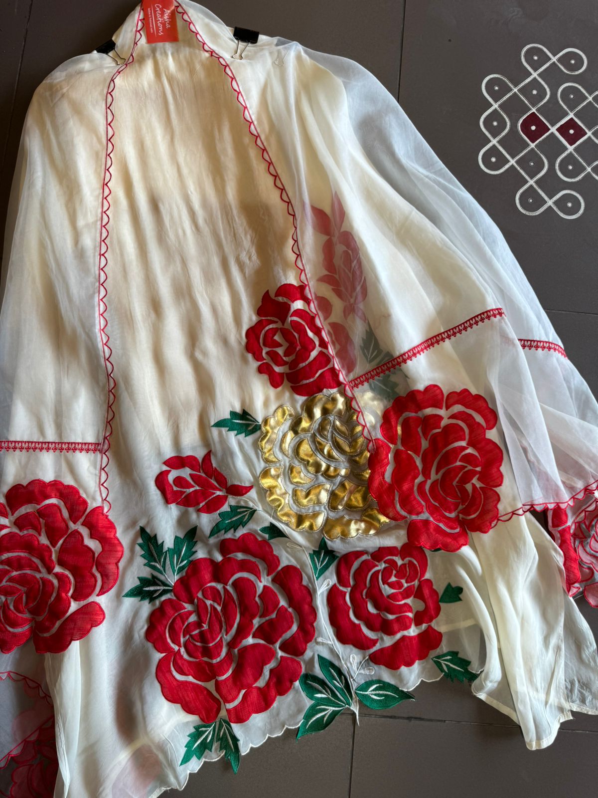 Soft organza Unstitched Shirt with Floral Patchwork done on the shirt front