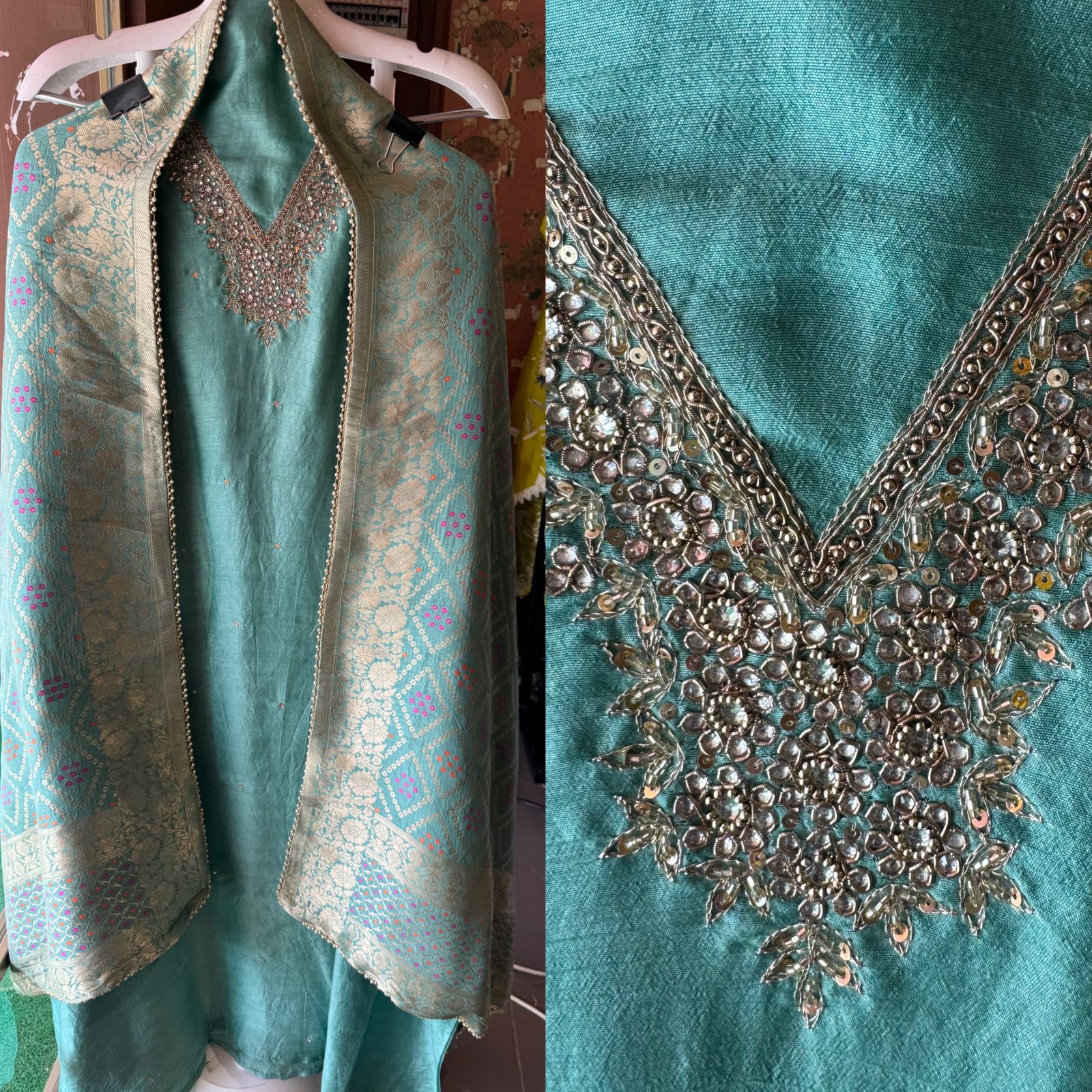 Pure Silk Shirt (Unstitched) with Dabka Handembroidery On the neckline