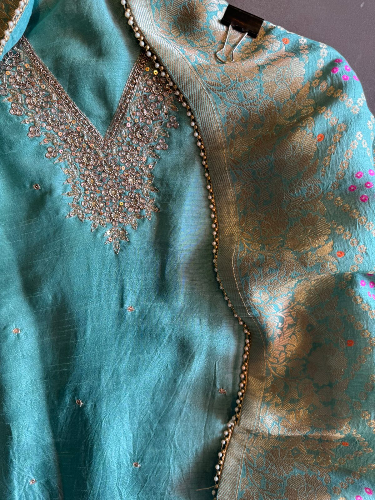 Pure Silk Shirt (Unstitched) with Dabka Handembroidery On the neckline