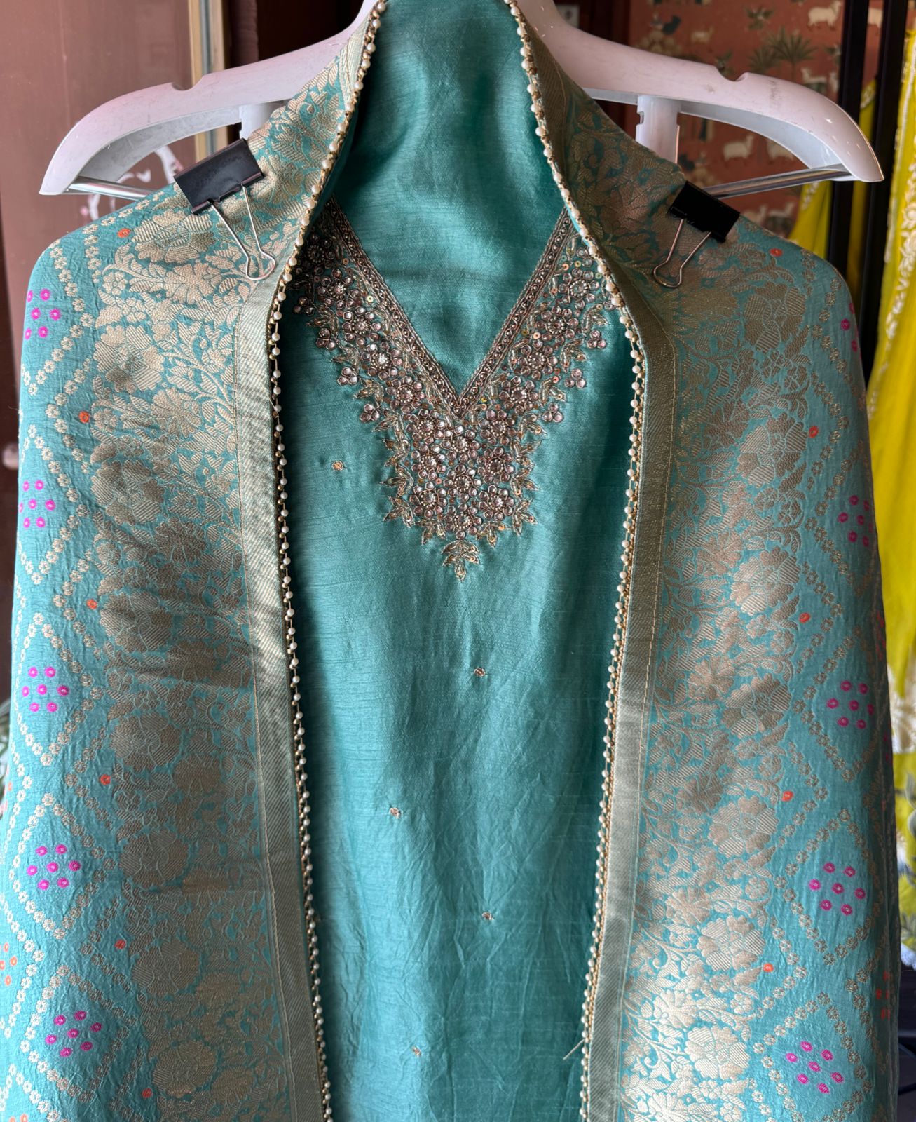 Pure Silk Shirt (Unstitched) with Dabka Handembroidery On the neckline