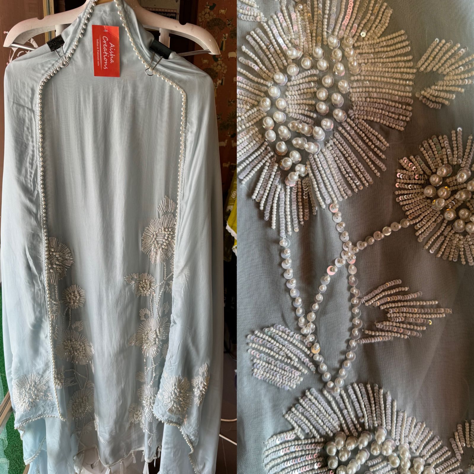 Shop our new exclusive range of Pakistani fabrics on soft organza with original pearl and Moti work