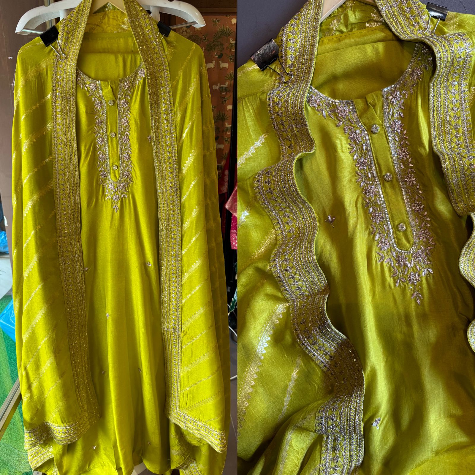 Pure russian silk unstiched shirt with beautiful hand embroidery on the neckline (Dabka work done)