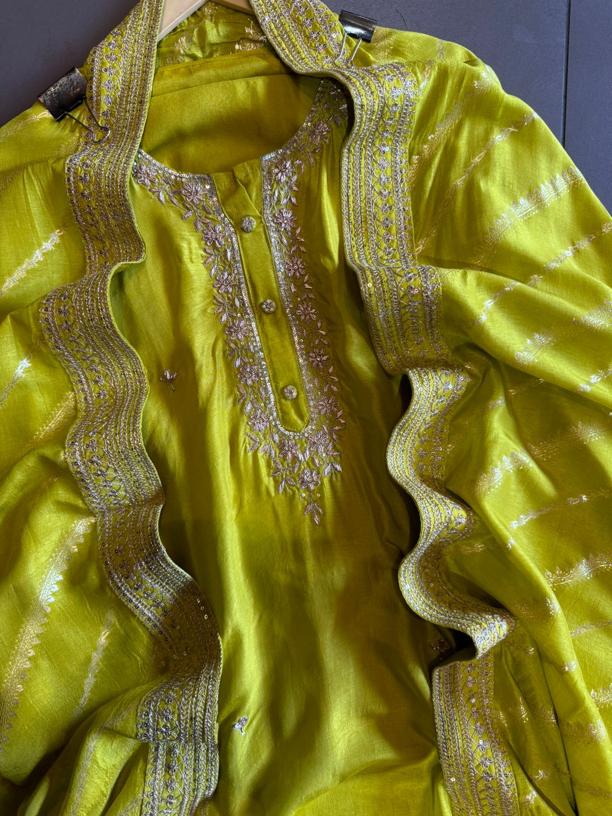 Pure russian silk unstiched shirt with beautiful hand embroidery on the neckline (Dabka work done)