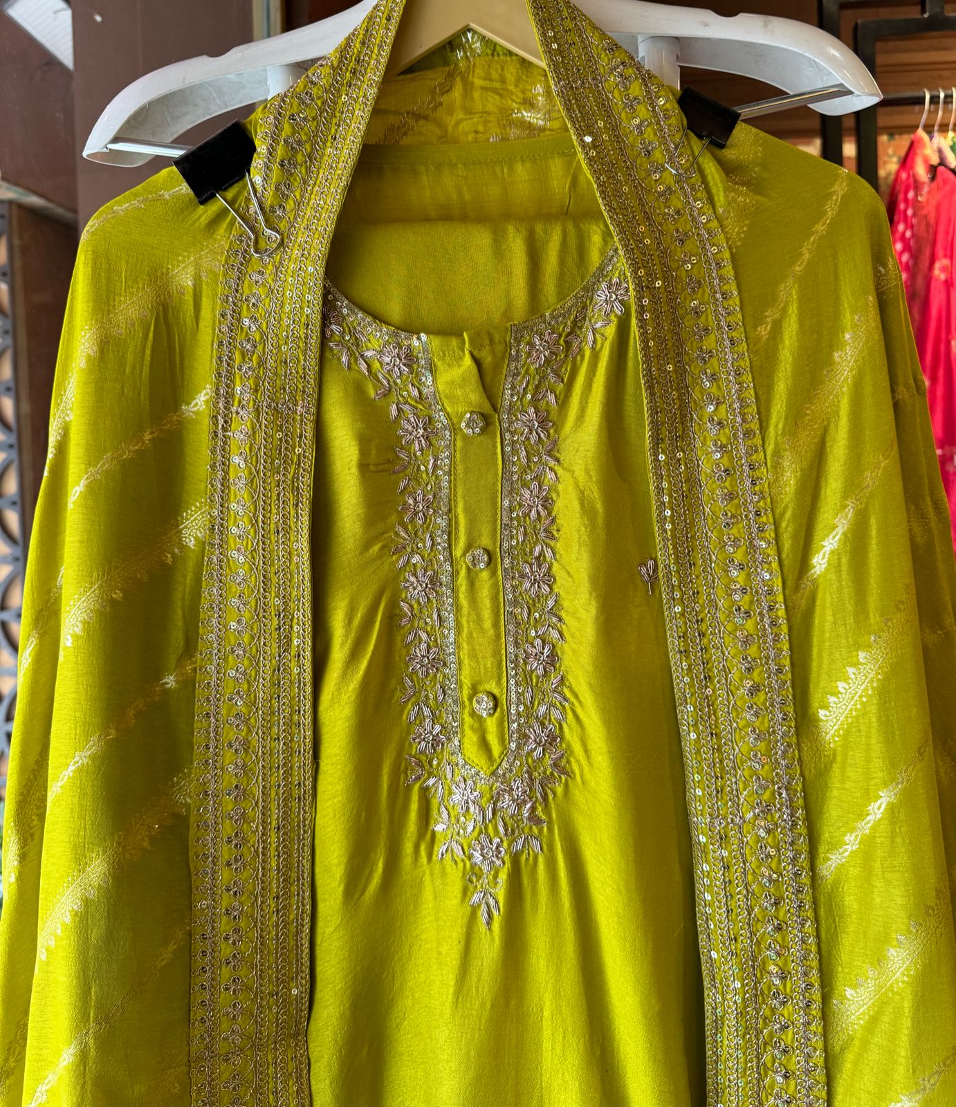 Pure russian silk unstiched shirt with beautiful hand embroidery on the neckline (Dabka work done)