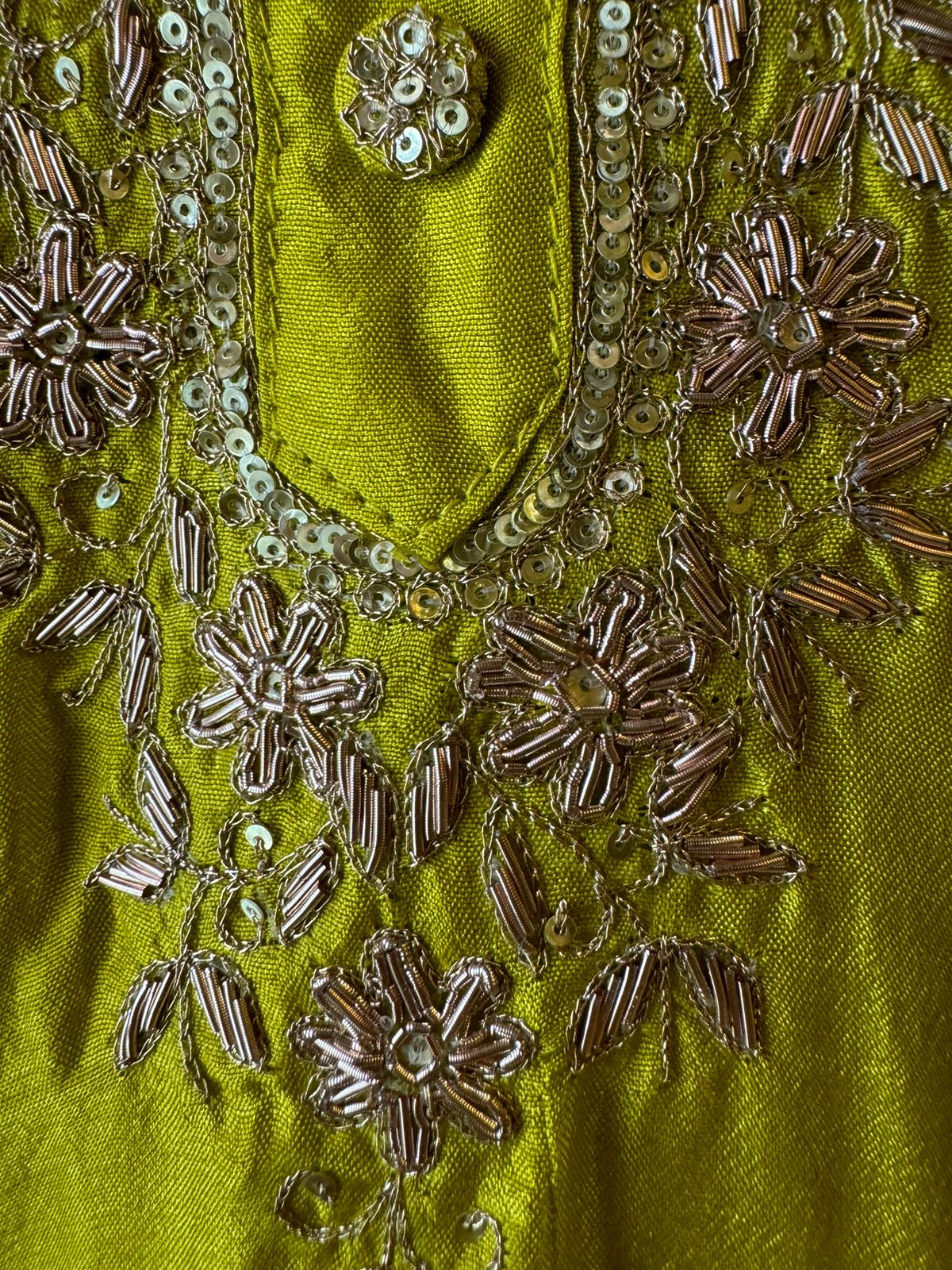 Pure russian silk unstiched shirt with beautiful hand embroidery on the neckline (Dabka work done)