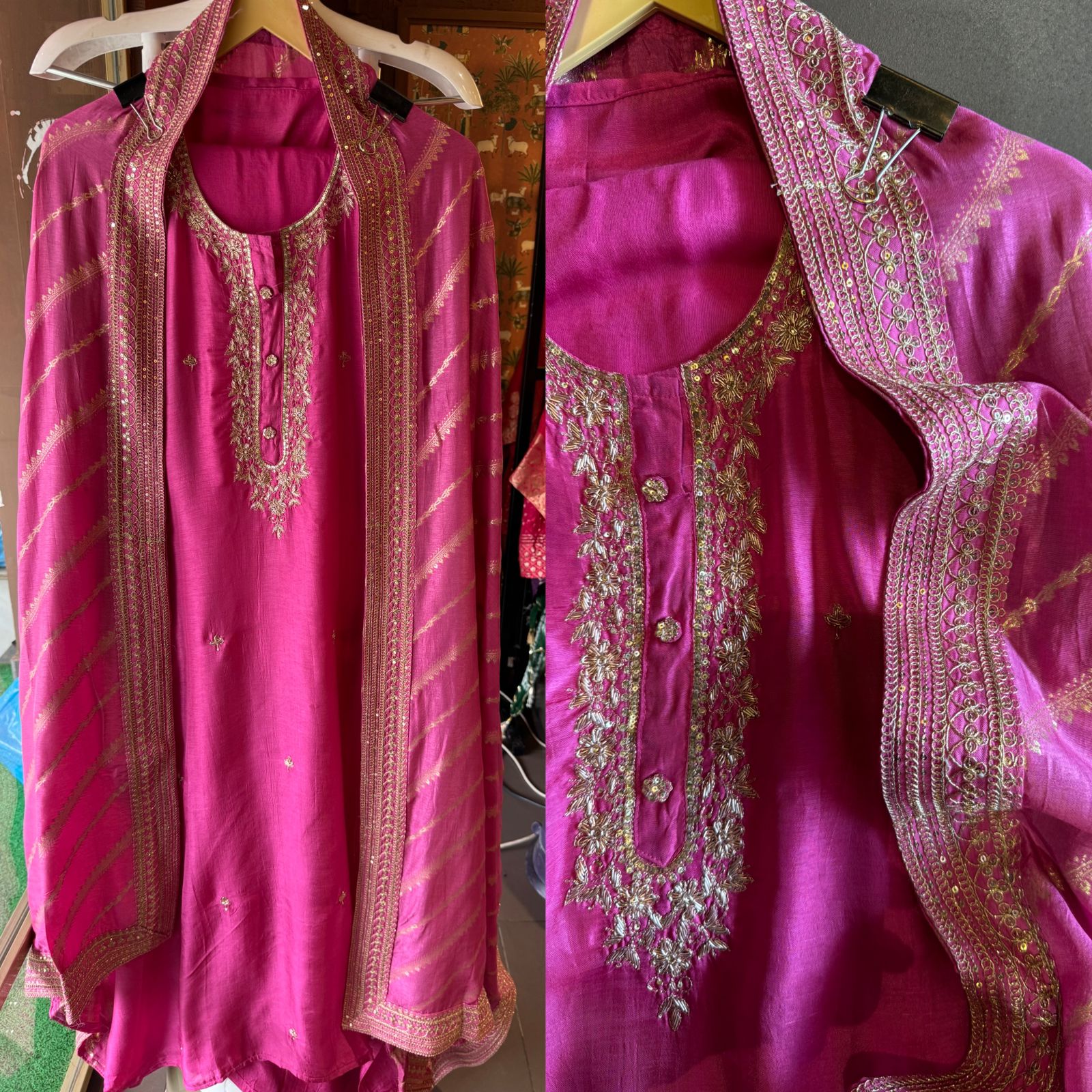 Pure russian silk unstiched shirt with beautiful hand embroidery on the neckline (Dabka work done)