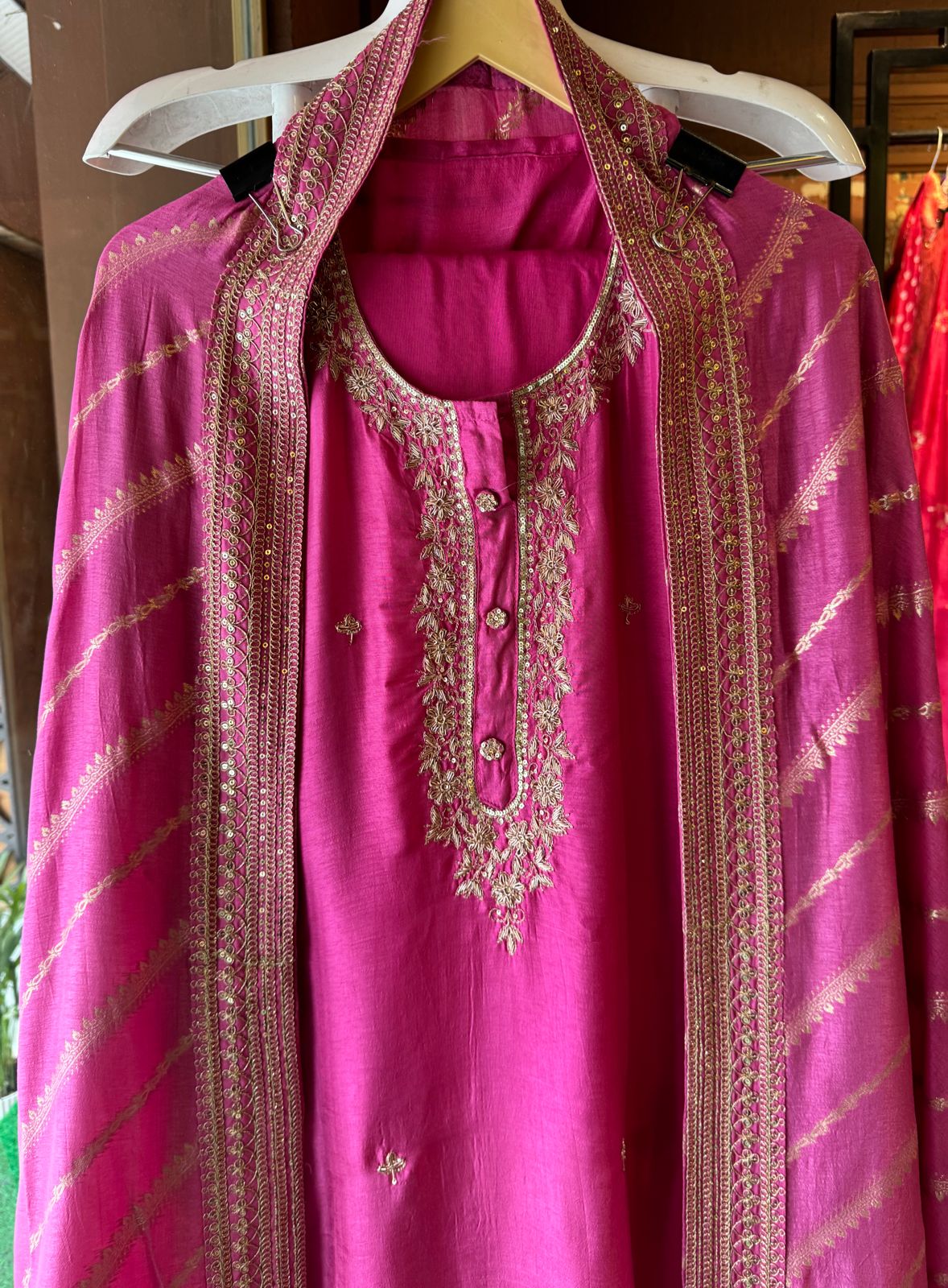 Pure russian silk unstiched shirt with beautiful hand embroidery on the neckline (Dabka work done)