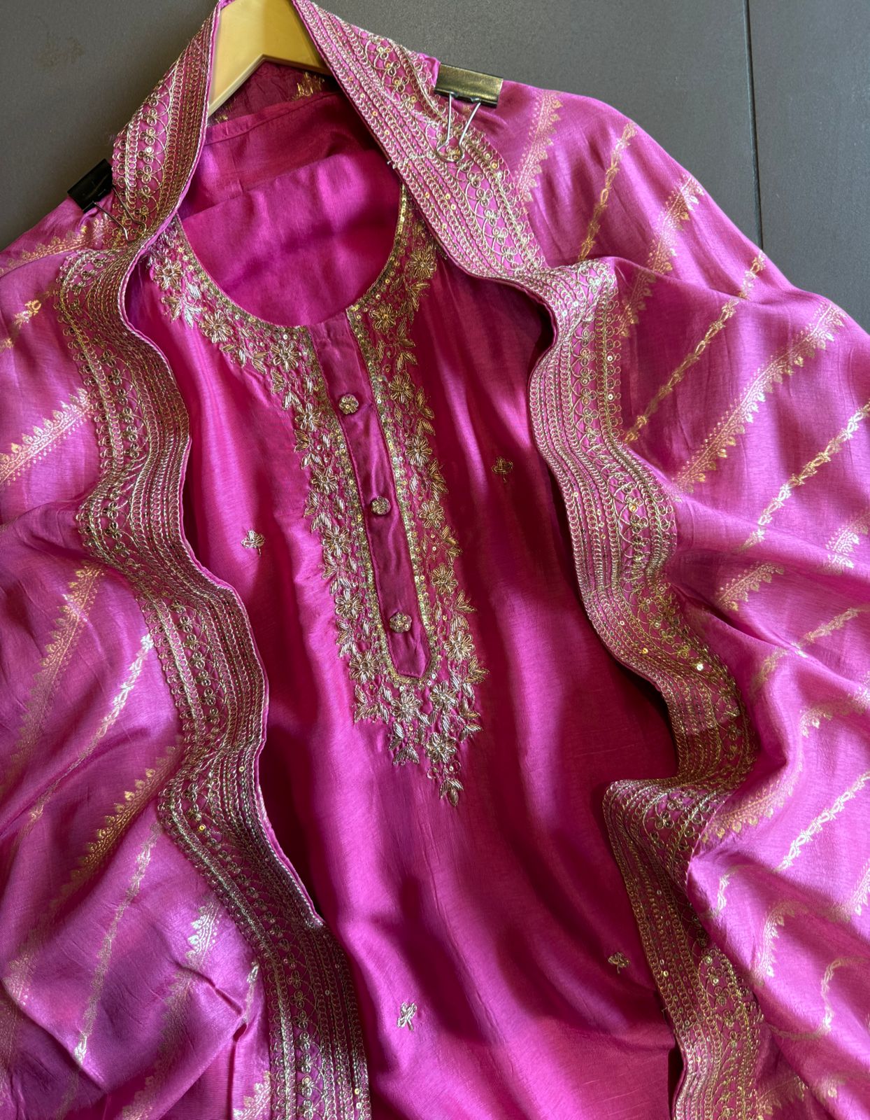 Pure russian silk unstiched shirt with beautiful hand embroidery on the neckline (Dabka work done)