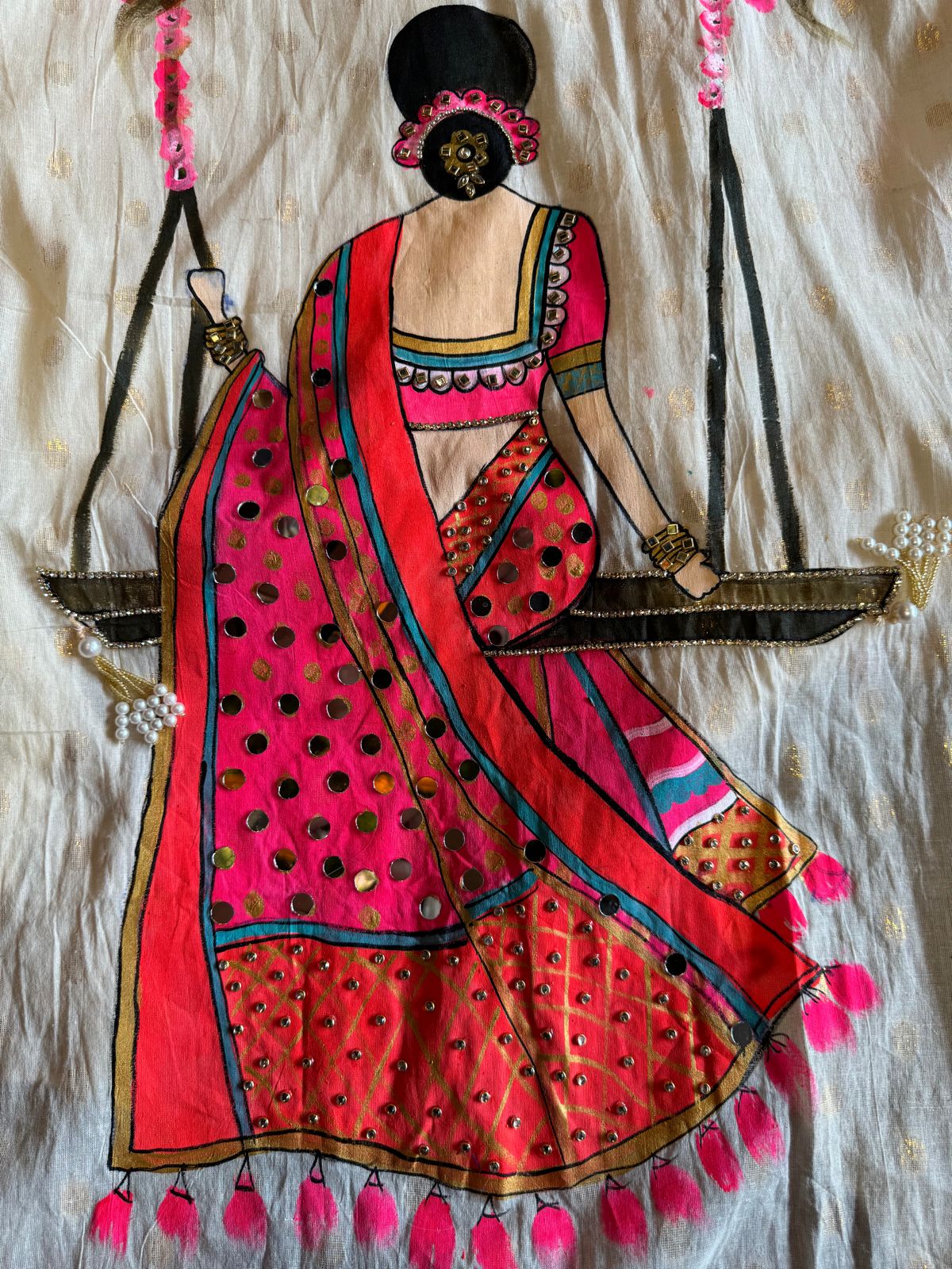 Cotton lurex Unstitched full size shirt with beautiful handpainted Jhulla Design on the shirt front