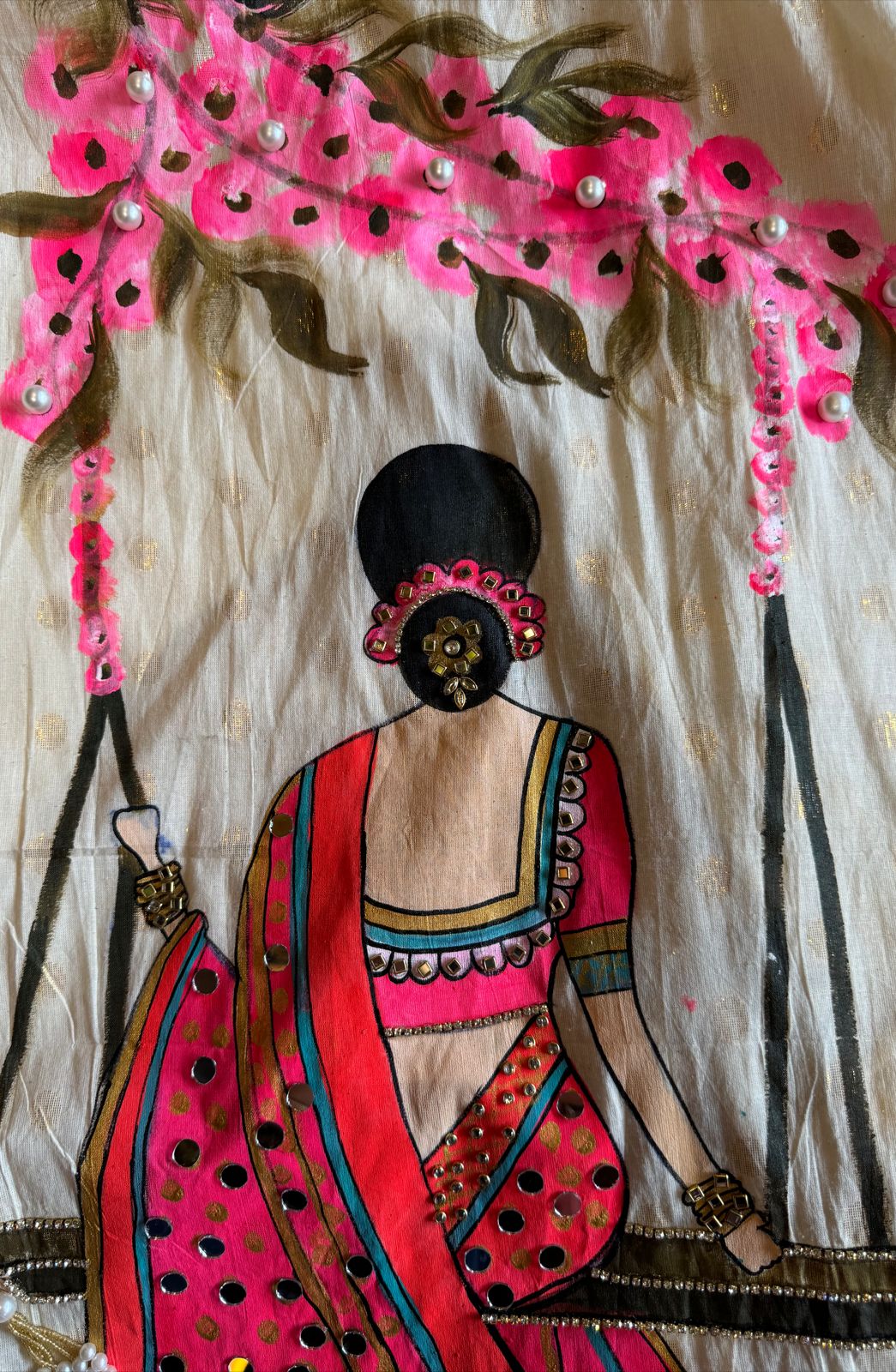 Cotton lurex Unstitched full size shirt with beautiful handpainted Jhulla Design on the shirt front