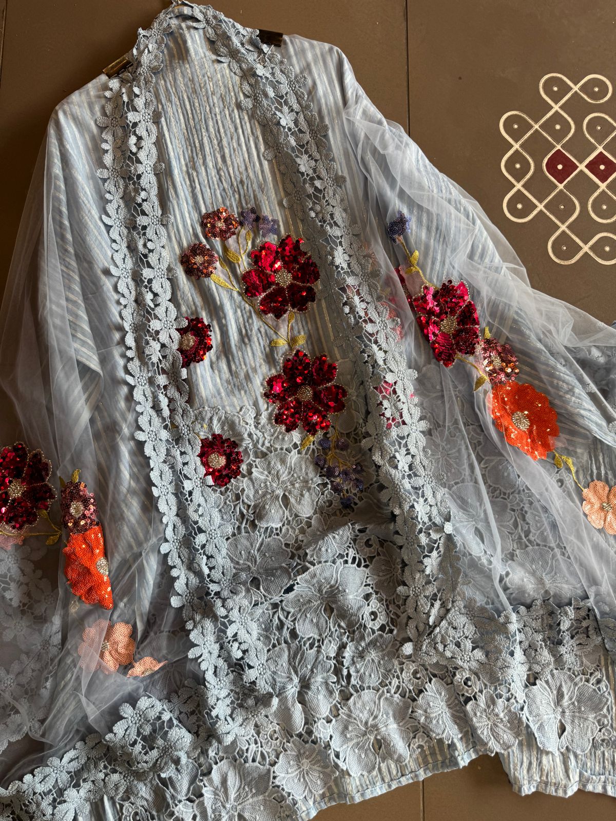 Organic cotton self base cotton shirt with rich crochet floral design ghera  Unstitched full size shirt