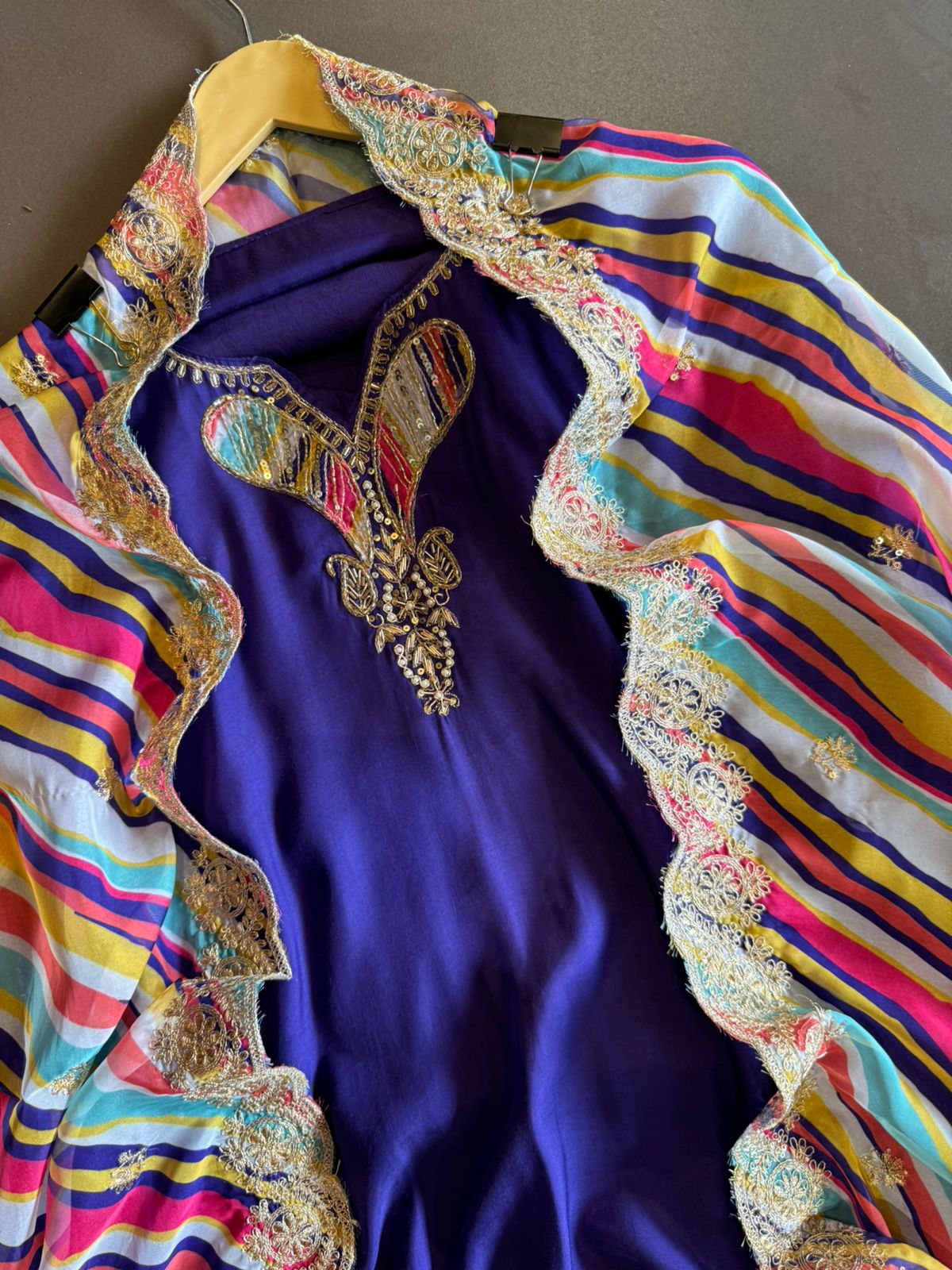 Pure Muslin Shirt (Unstitched) with only Neckline made with Beautiful nalki and Dabka work with multi coloured fabric detailings