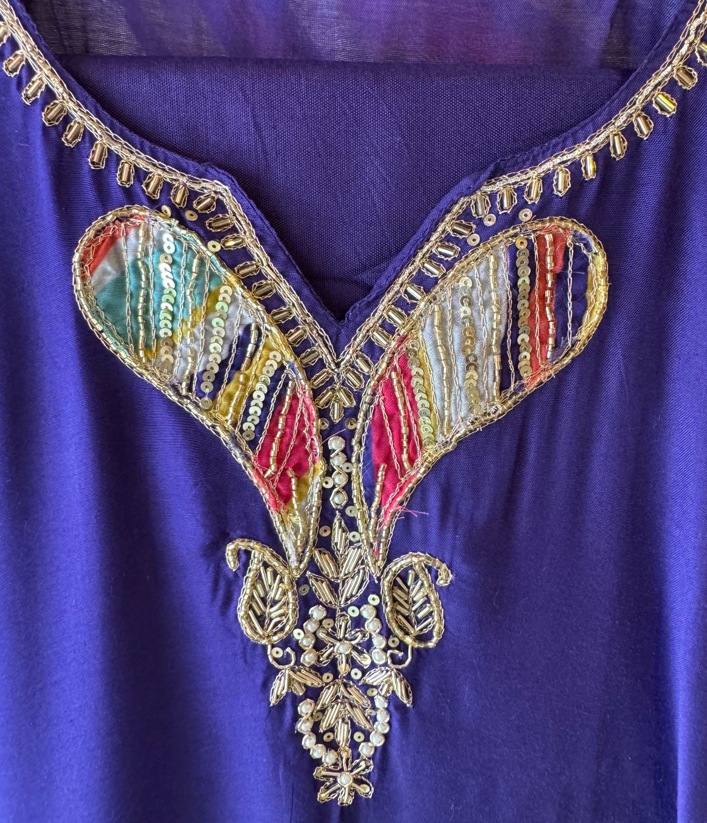 Pure Muslin Shirt (Unstitched) with only Neckline made with Beautiful nalki and Dabka work with multi coloured fabric detailings