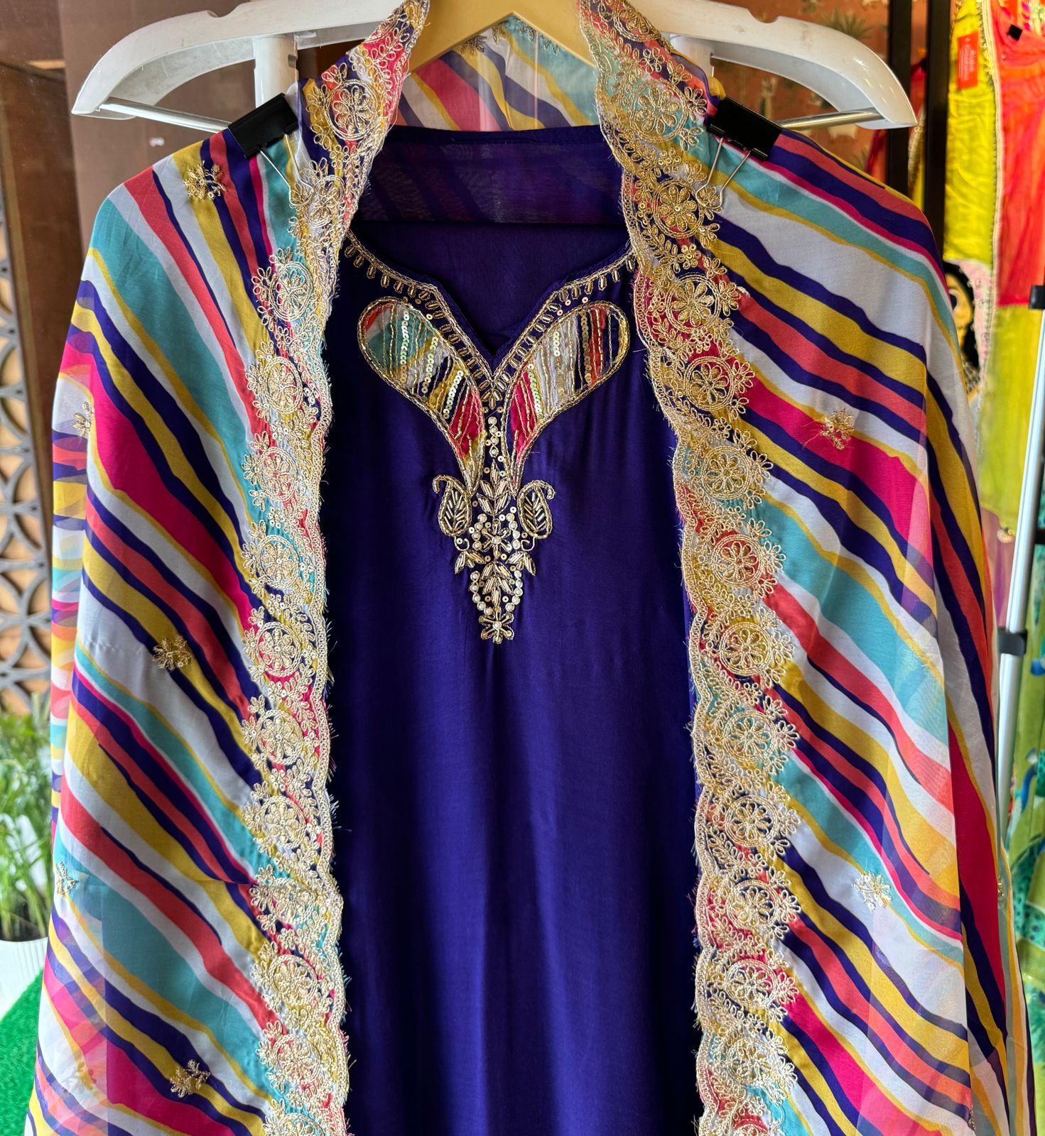 Pure Muslin Shirt (Unstitched) with only Neckline made with Beautiful nalki and Dabka work with multi coloured fabric detailings