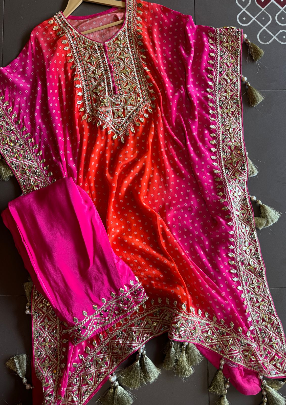 Pure crepe bandej printed kaaftan set ombre shaded