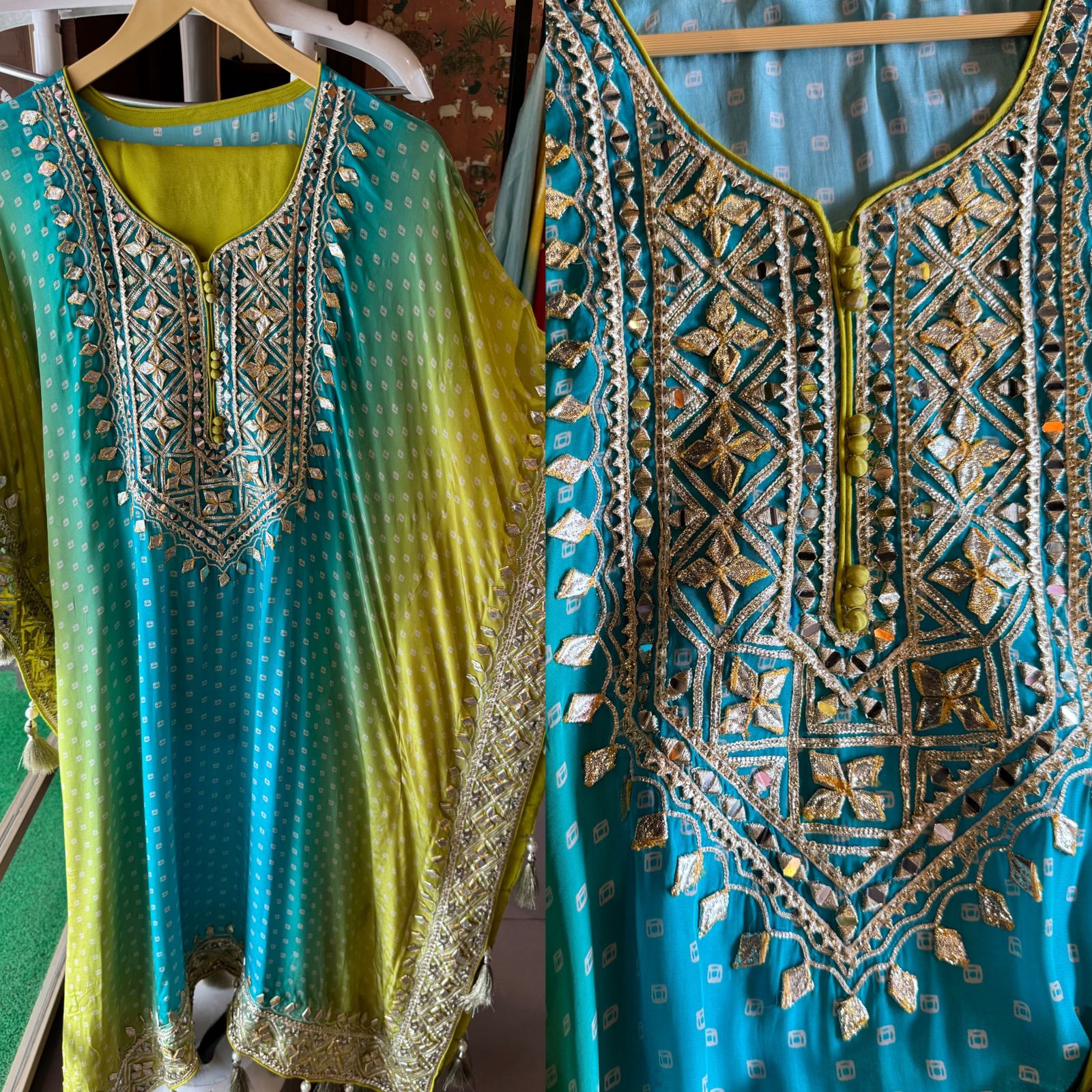 Pure crepe bandej printed kaaftan set ombre shaded