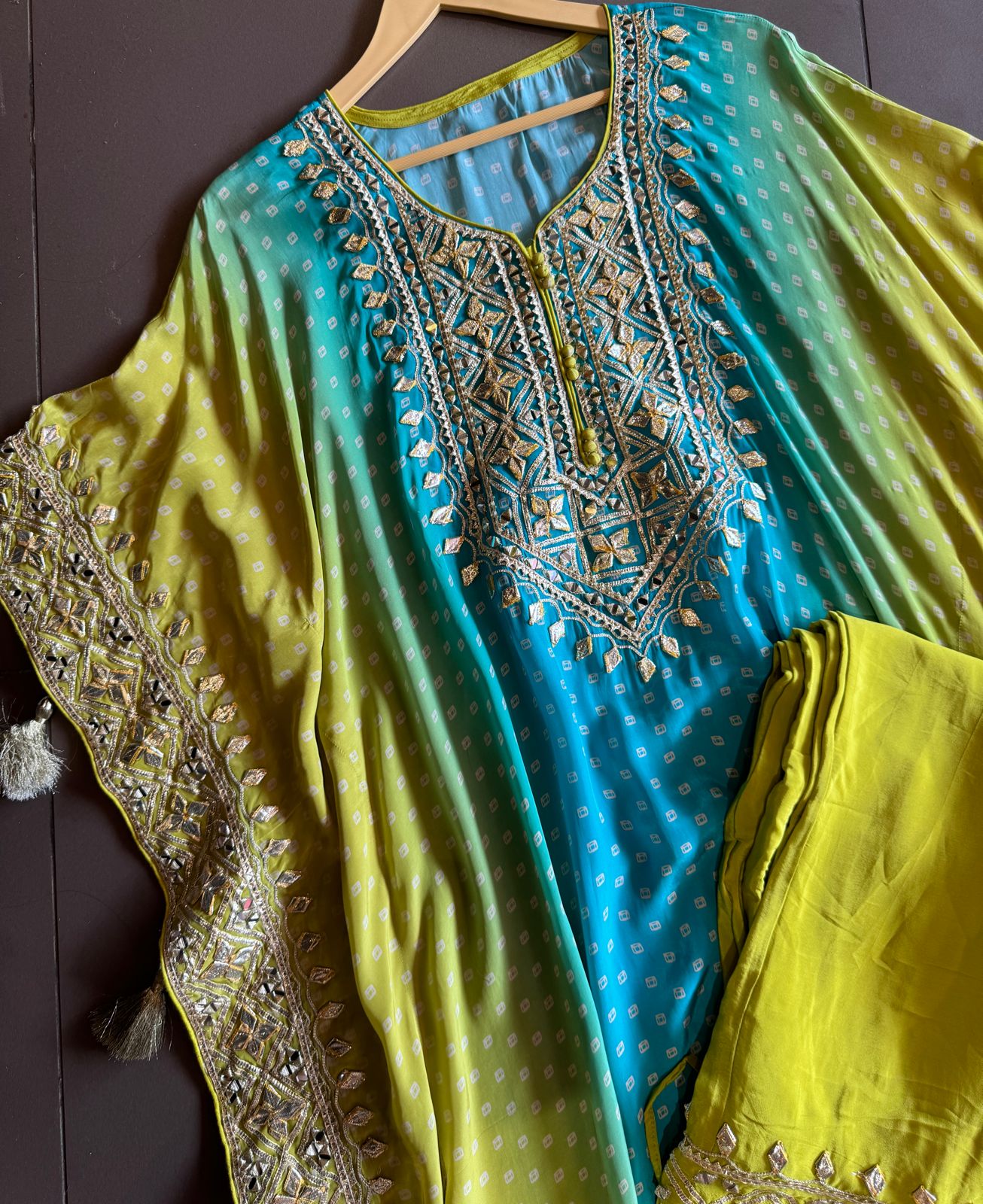 Pure crepe bandej printed kaaftan set ombre shaded