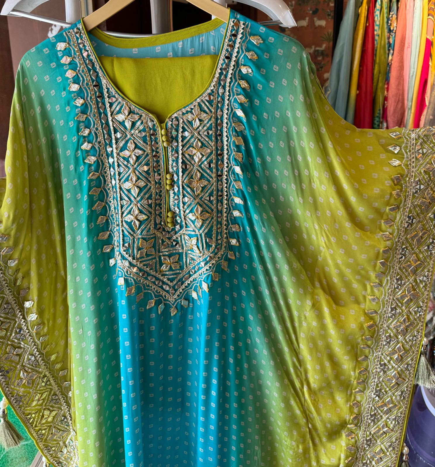 Pure crepe bandej printed kaaftan set ombre shaded