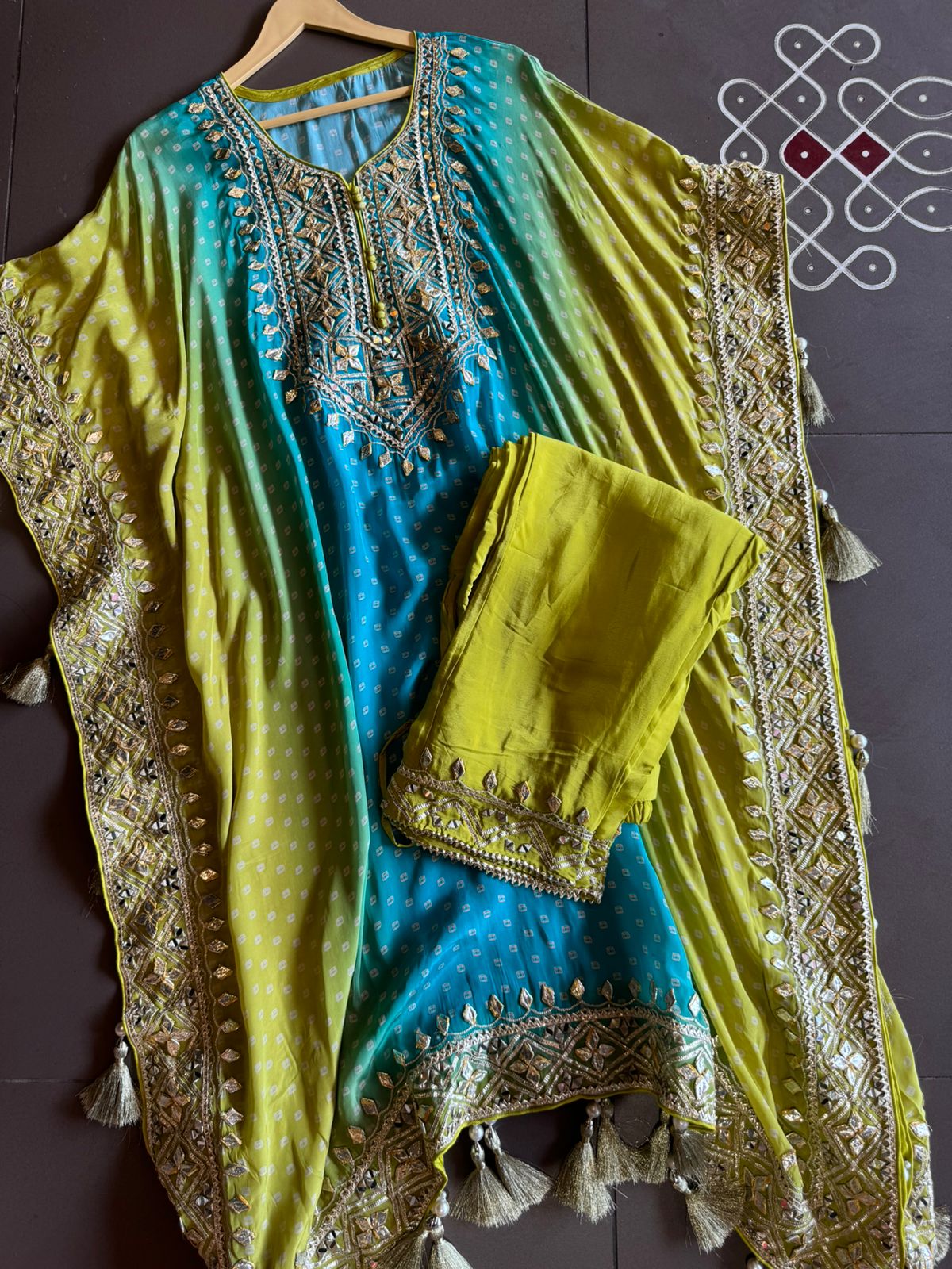 Pure crepe bandej printed kaaftan set ombre shaded