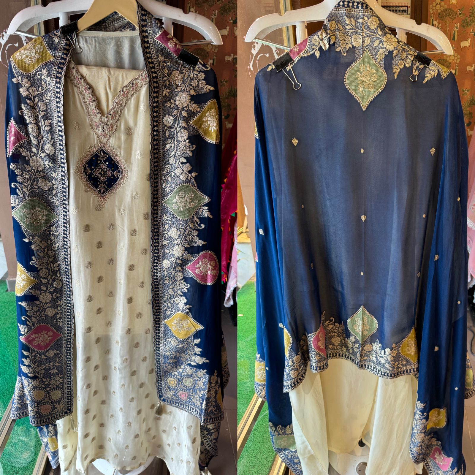 Soft organza Unstitched shirt with gold zari booties highlighting on the shirt front