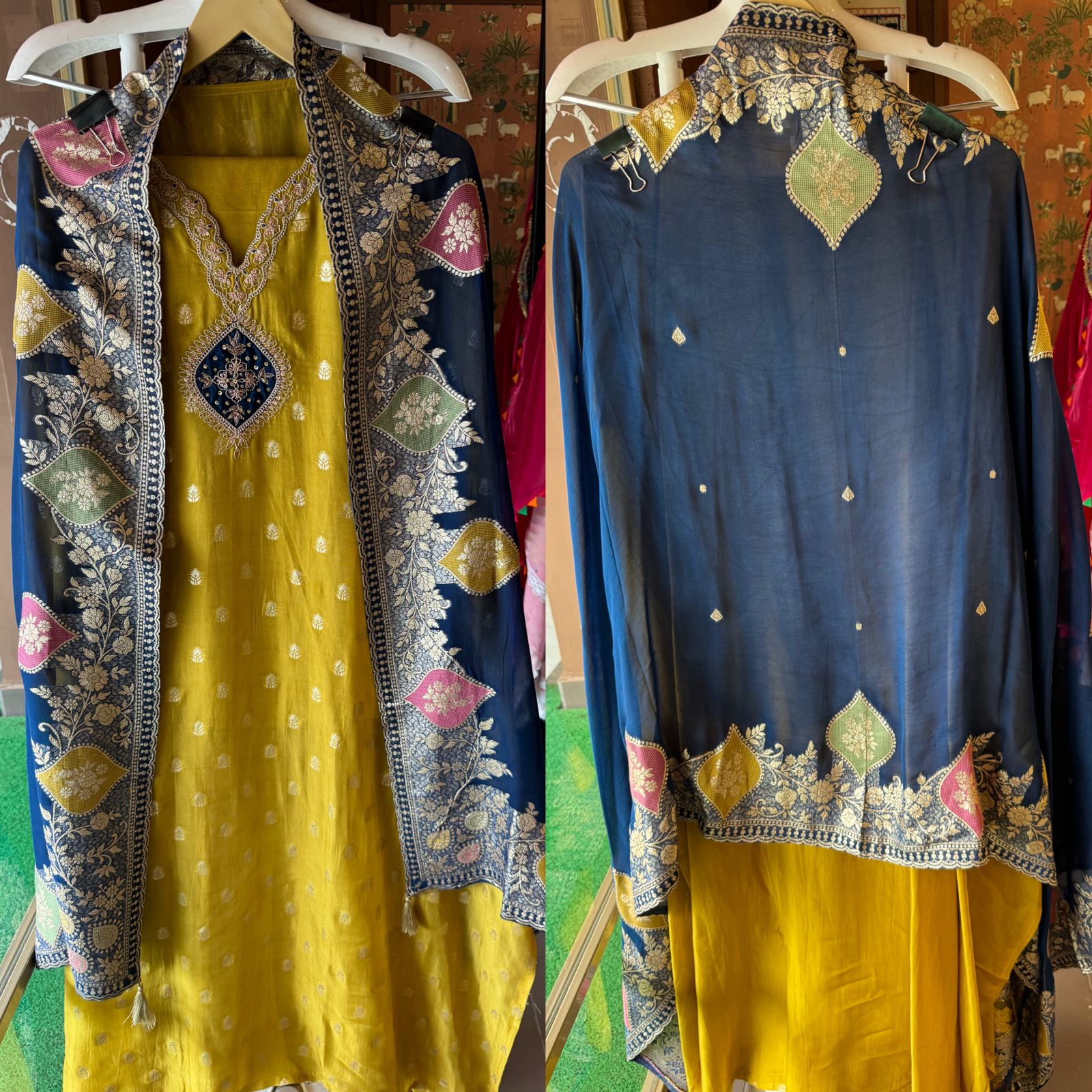 Soft organza Unstitched shirt with gold zari booties highlighting on the shirt front