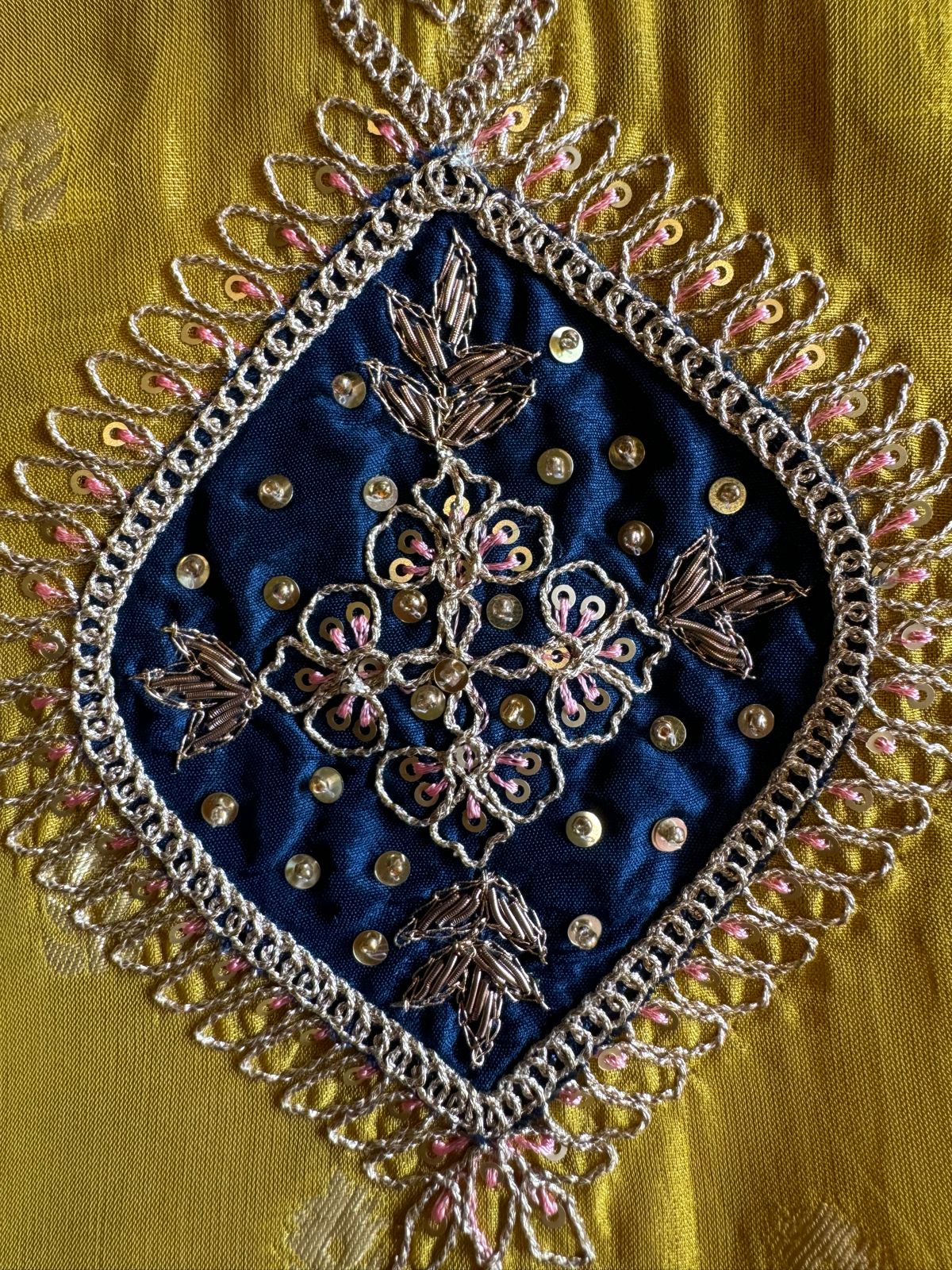 Soft organza Unstitched shirt with gold zari booties highlighting on the shirt front