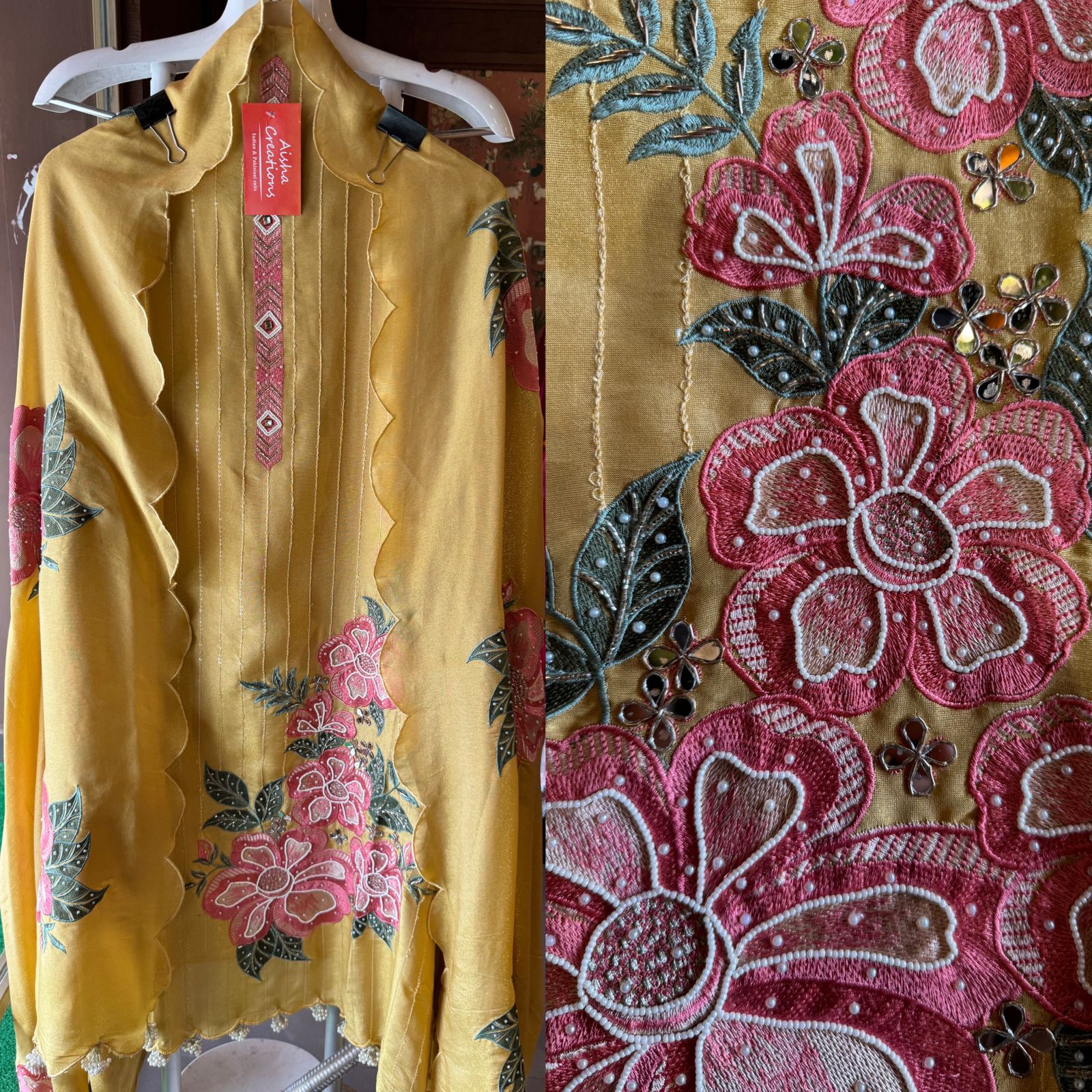 The shirt front has very beautiful floral embroidered boota with pearl work detailings