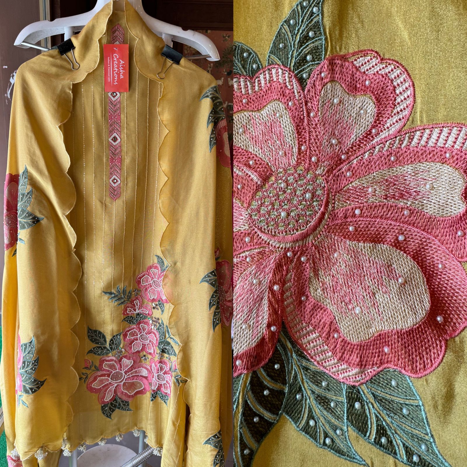 The shirt front has very beautiful floral embroidered boota with pearl work detailings