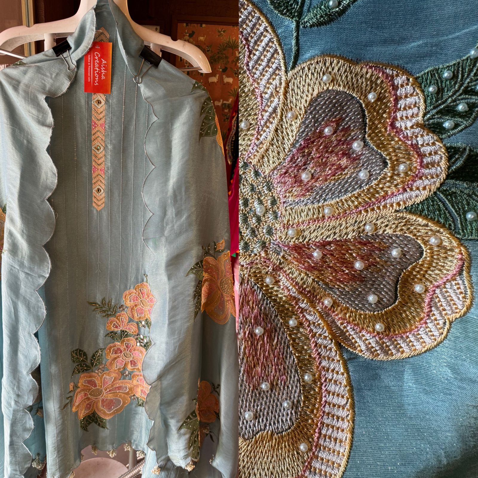The shirt front has very beautiful floral embroidered boota with pearl work detailings