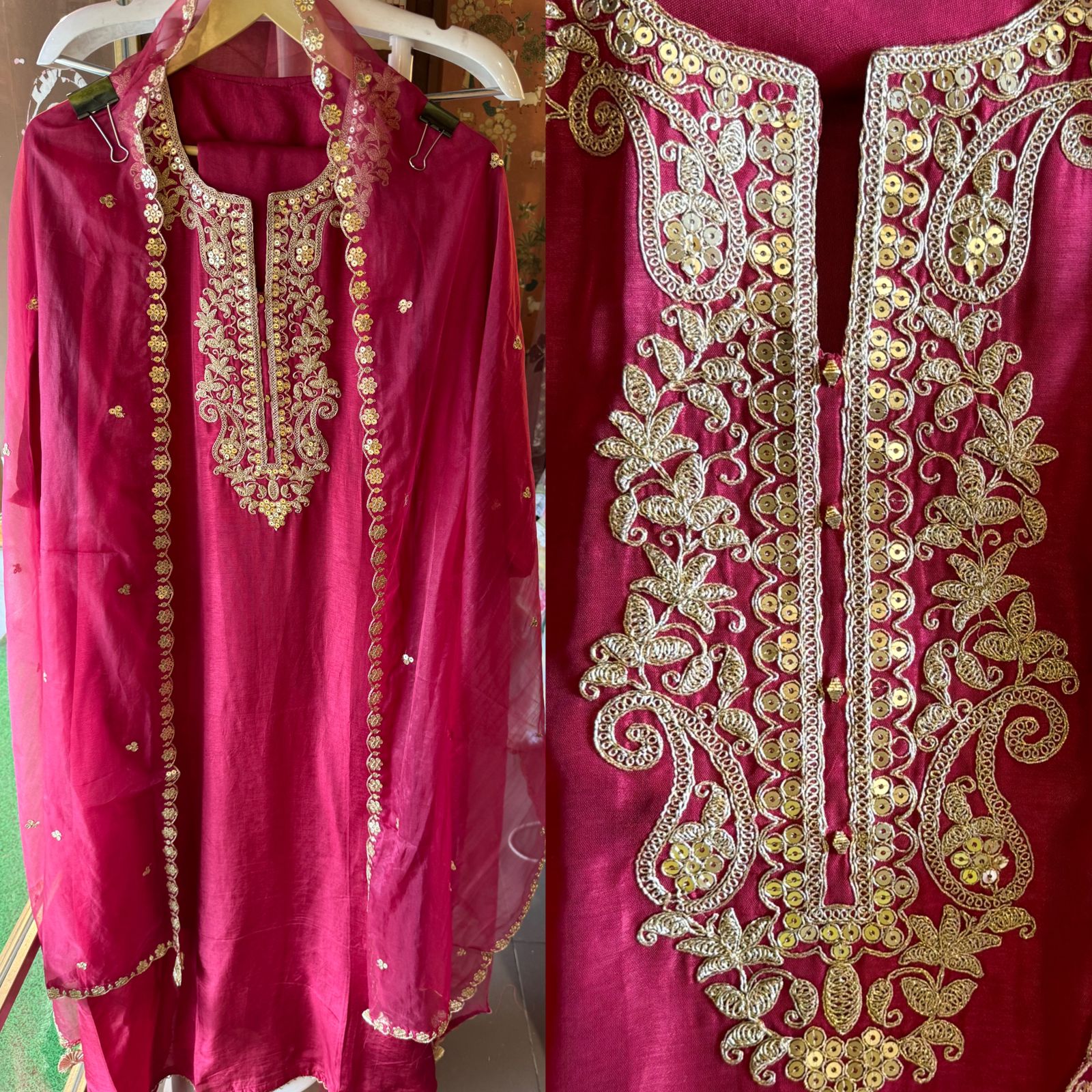 Pure silk Shirt (Unstitched) with Zari embroidery on the neckline