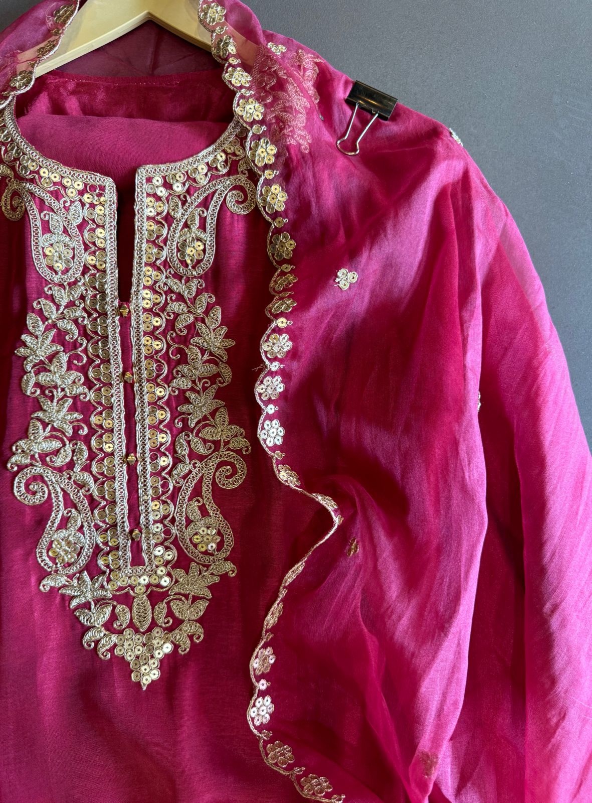 Pure silk Shirt (Unstitched) with Zari embroidery on the neckline