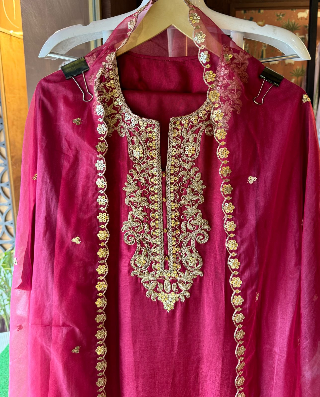 Pure silk Shirt (Unstitched) with Zari embroidery on the neckline