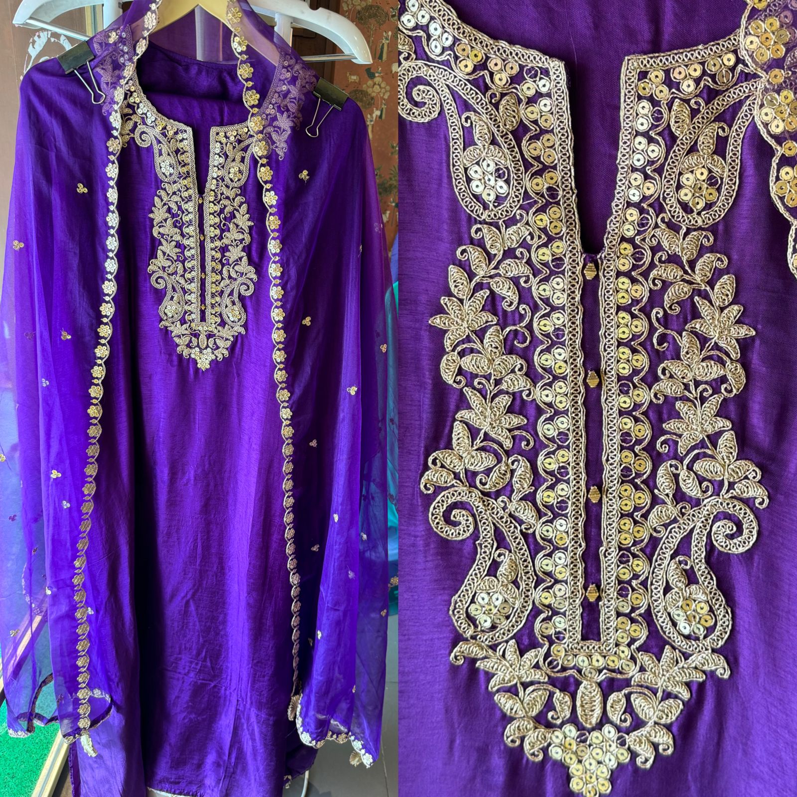 Pure silk Shirt (Unstitched) with Zari embroidery on the neckline