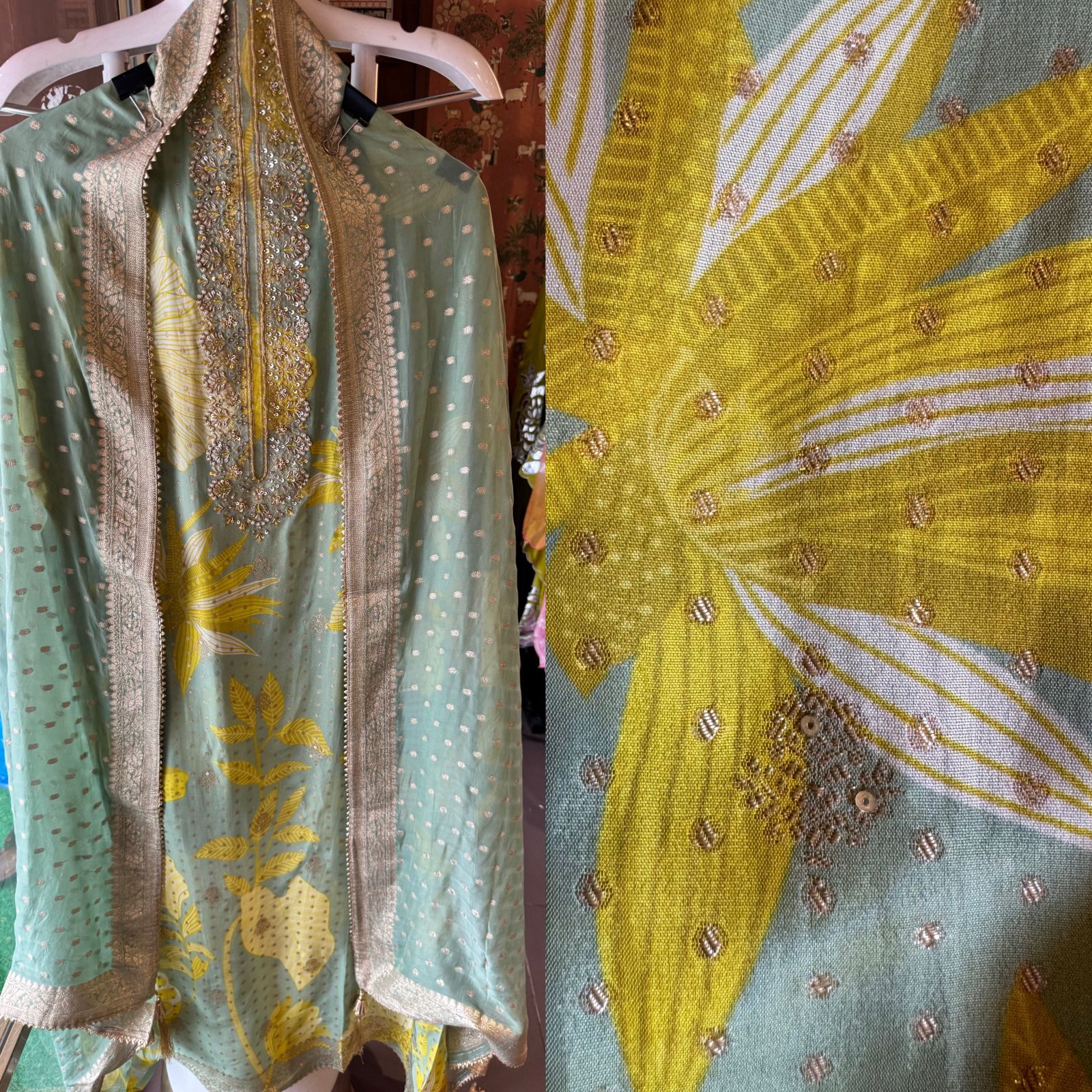 Organza full size zari bootie work dupatta with four sides banarsi border and tassels attached.