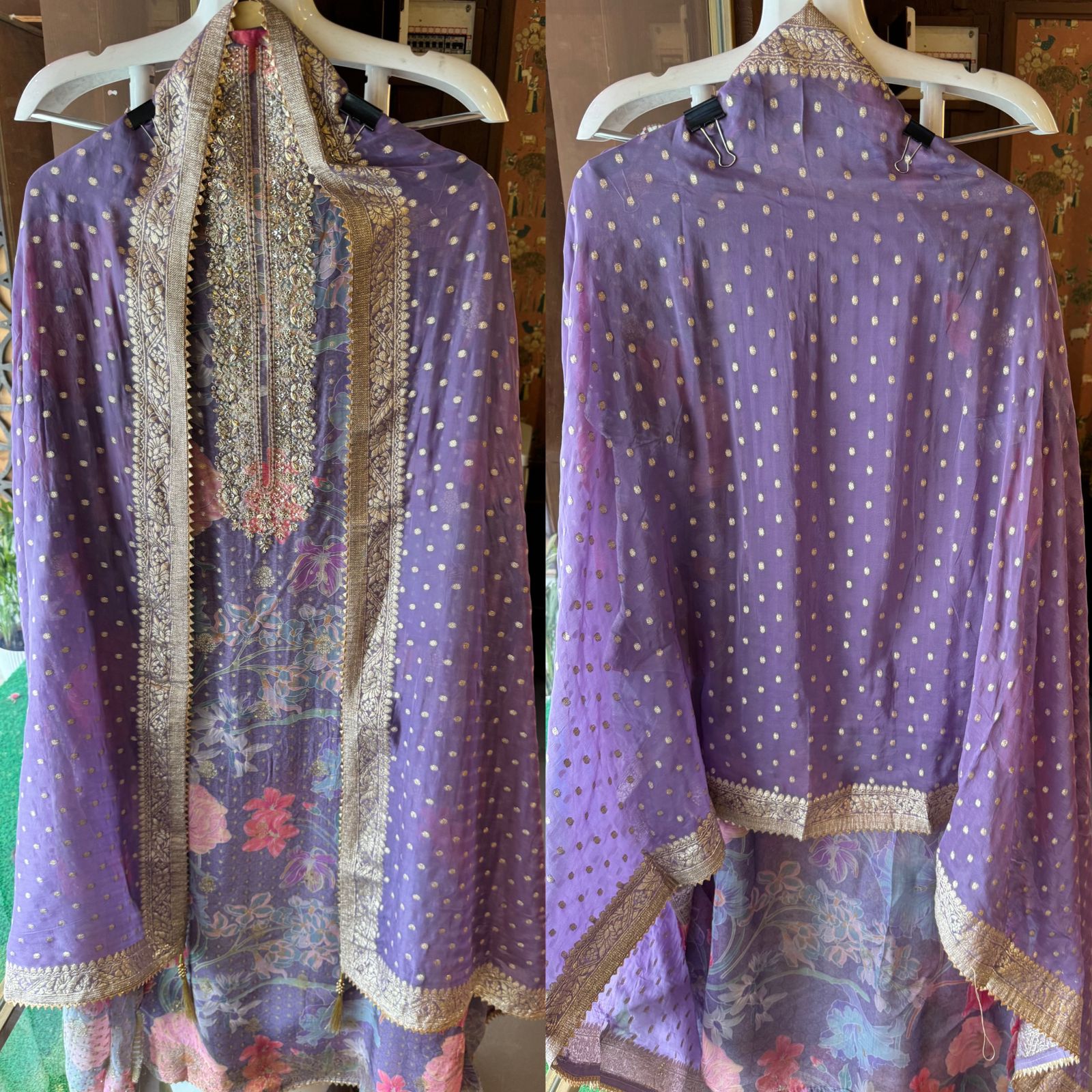 Organza full size zari bootie work dupatta with four sides banarsi border and tassels attached.