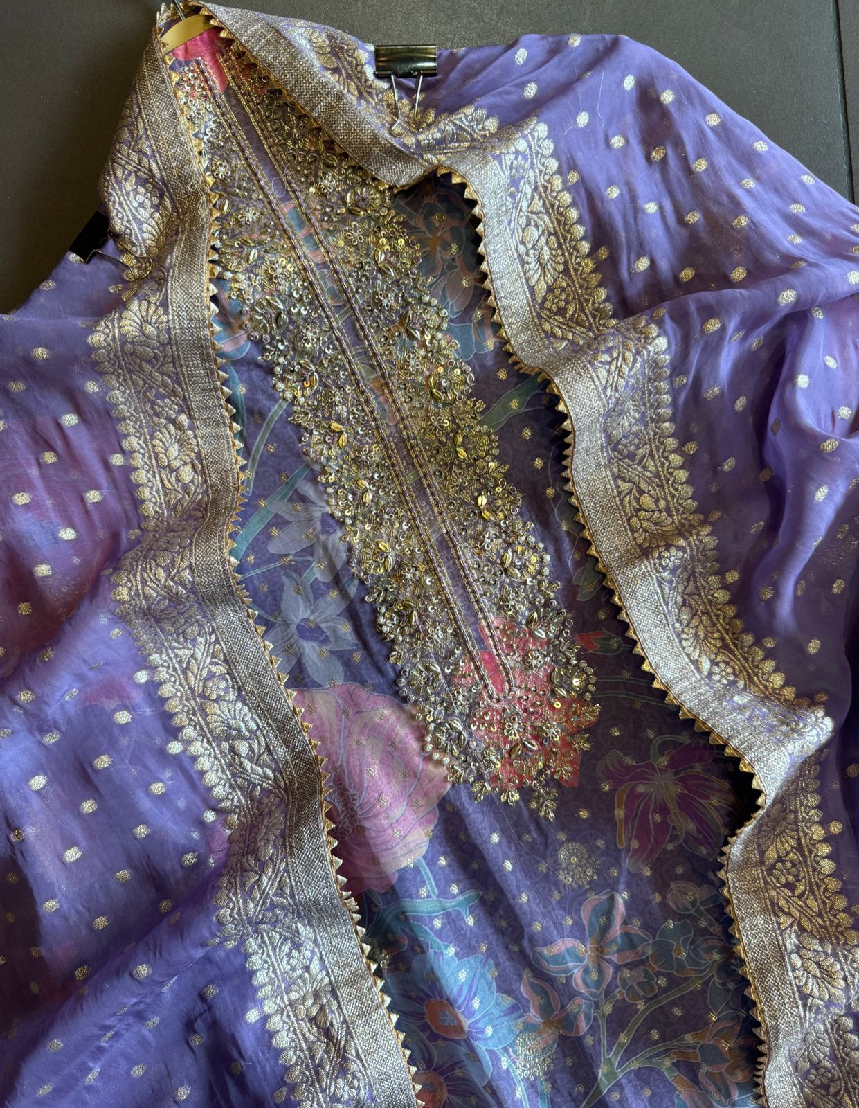 Organza full size zari bootie work dupatta with four sides banarsi border and tassels attached.