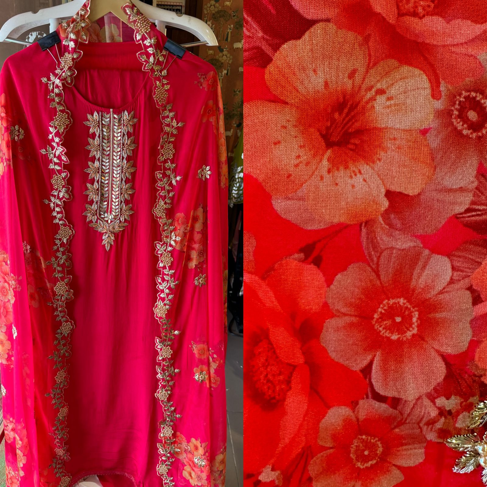 Pure crepe Shirt (Unstitched and full in size) with beautiful Neckwork done