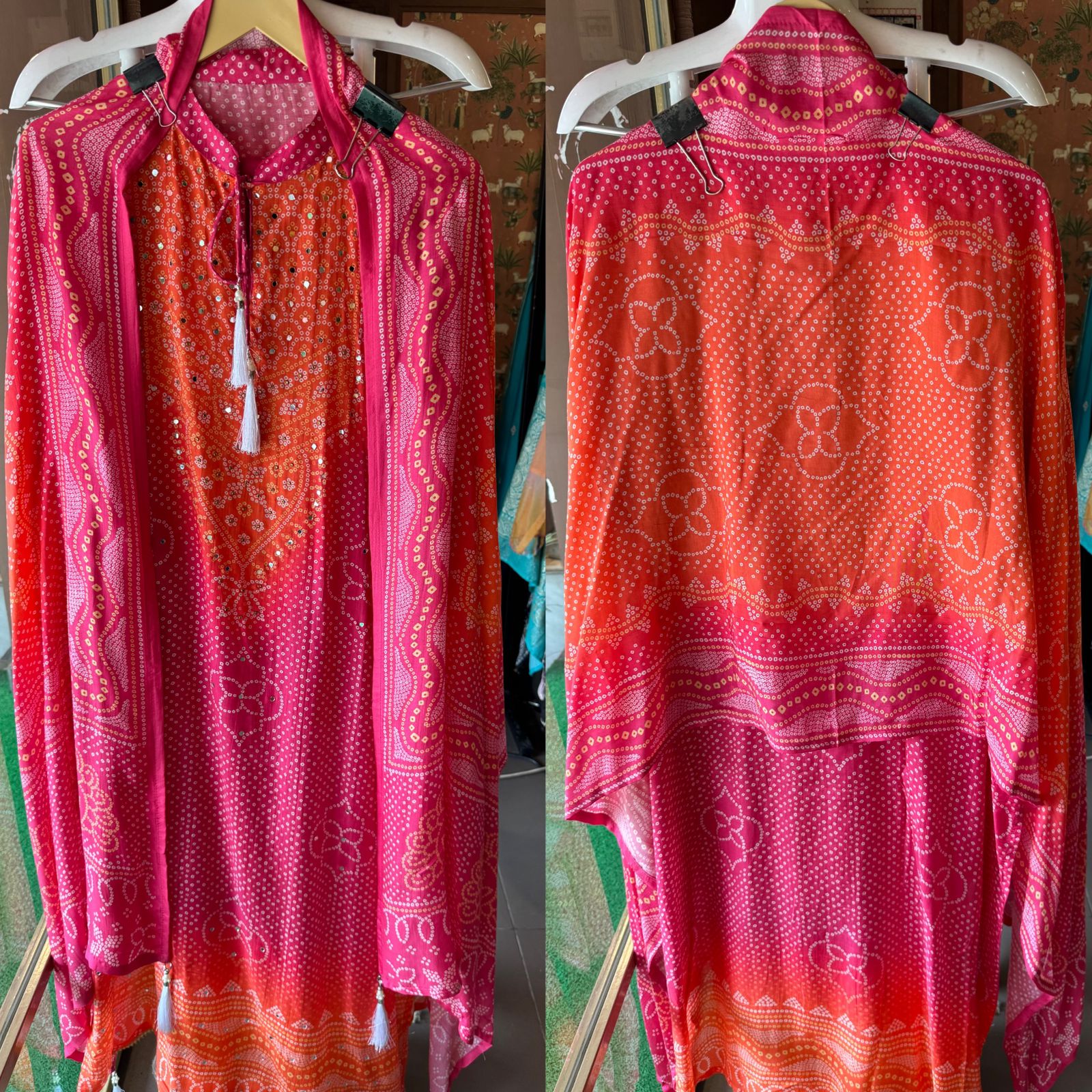 Muslin bandej ombre  digital printed shirt with mirror work highlights  With Front neck dori attached