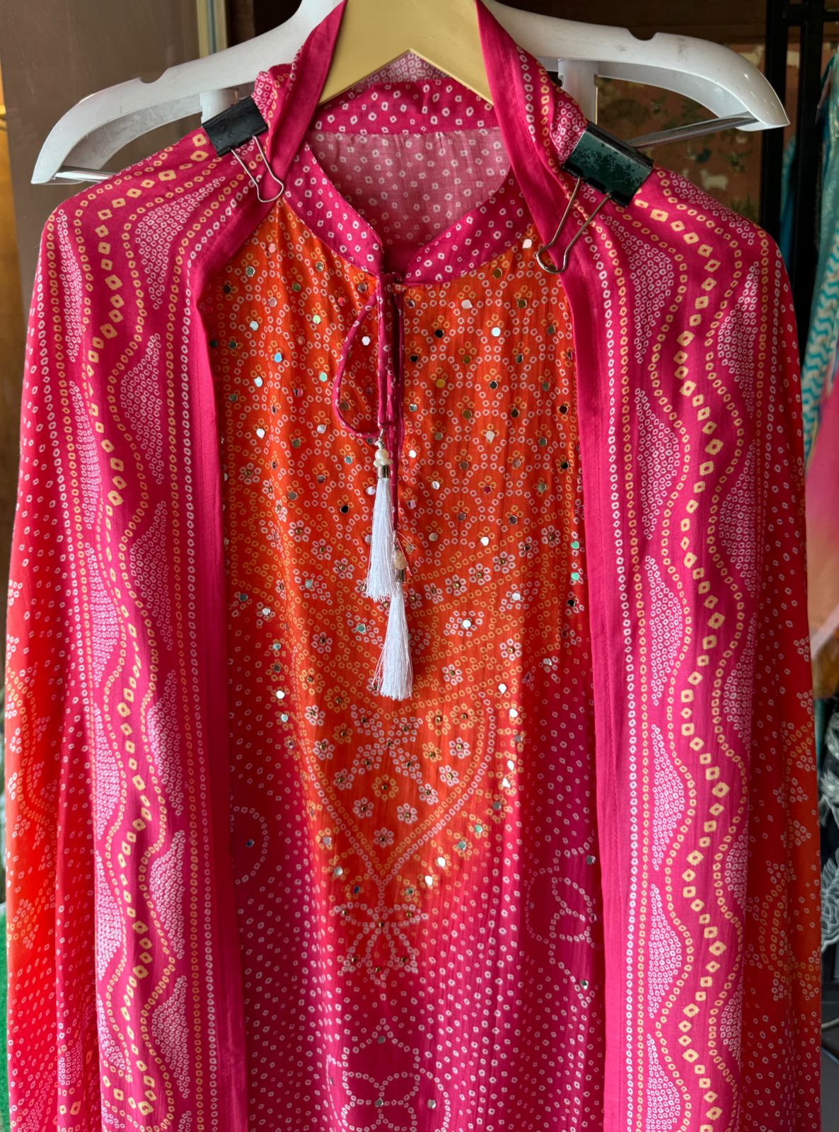 Muslin bandej ombre  digital printed shirt with mirror work highlights  With Front neck dori attached