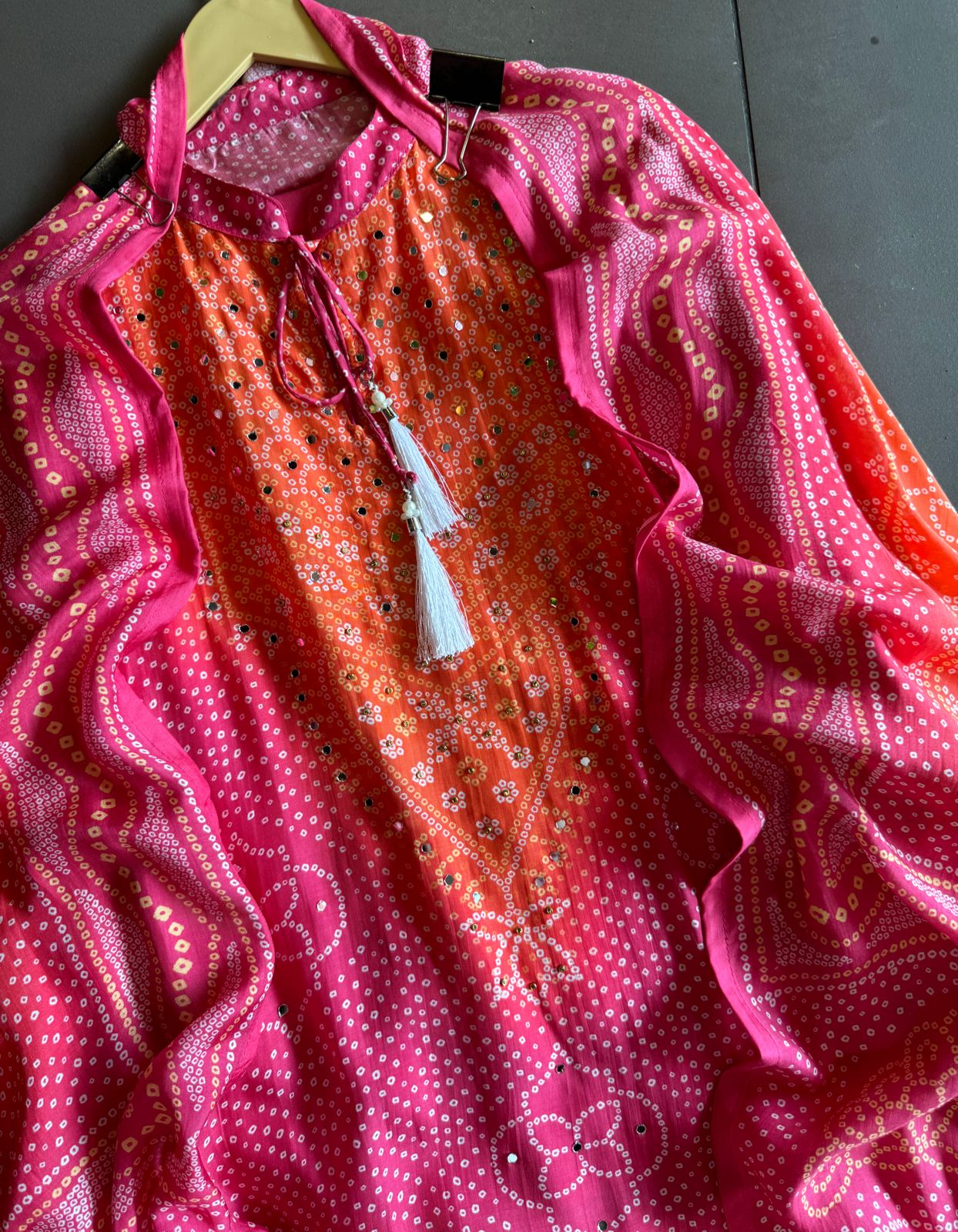 Muslin bandej ombre  digital printed shirt with mirror work highlights  With Front neck dori attached