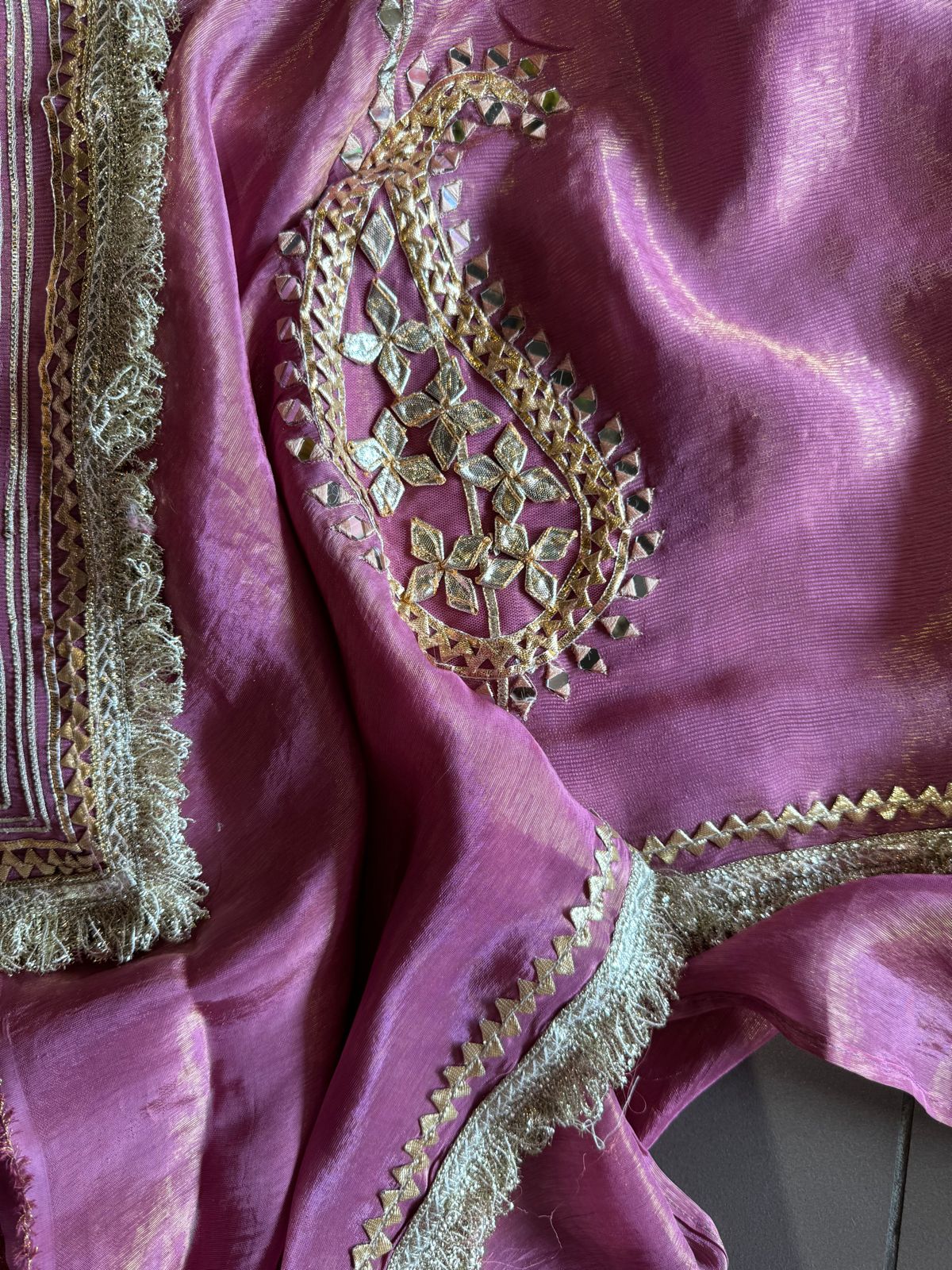 Soft shimmer tissue Unstitched Full Size shirt with heavily embroidered gotta